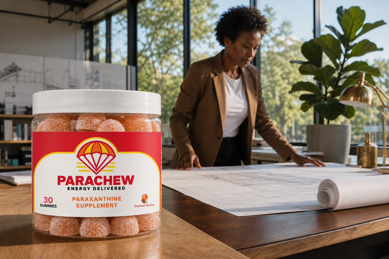 Parachew paraxanthine gummies jar in a real setting: a modern architecture studio at mid-afternoon, illustrating Paraxanthine vs Yerba Mate: How the Two Compare for Sustained Afternoon Energy