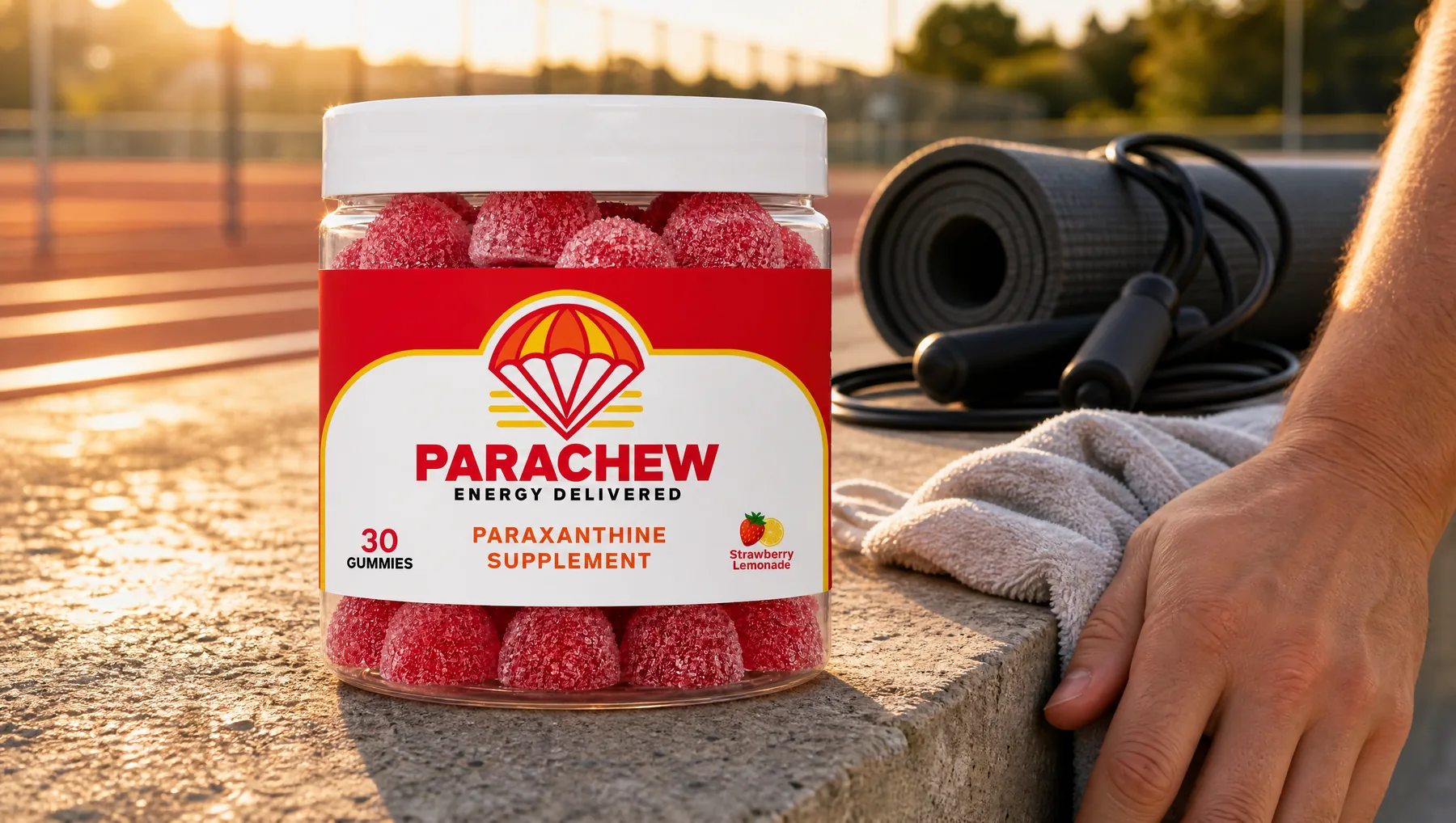 Parachew Strawberry Lemonade paraxanthine gummies jar in the foreground of an outdoor training area at sunrise