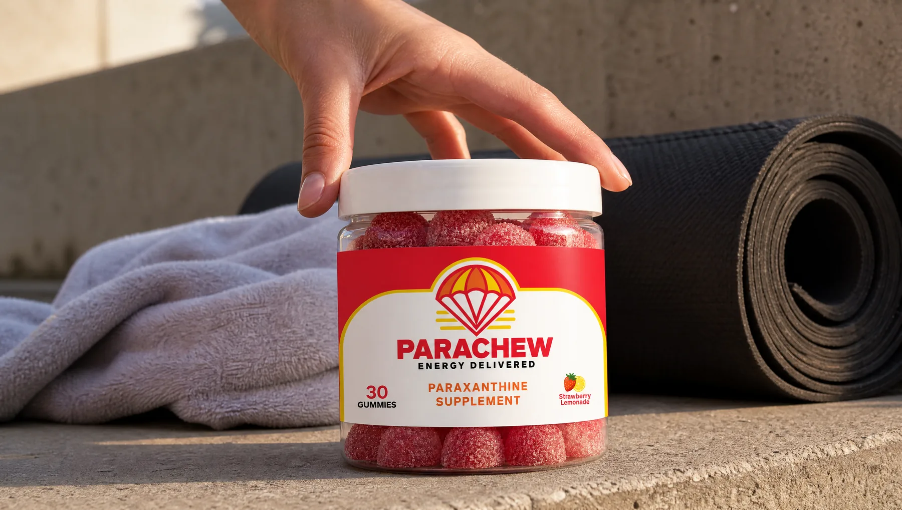 Close view of a Parachew Strawberry Lemonade paraxanthine gummies jar, a tight low crop along the concrete wall