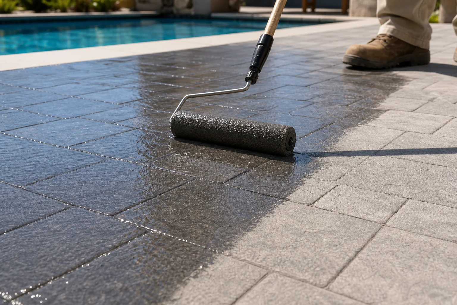 HEOS AZ team member sealing a paver surface near a commercial pool deck