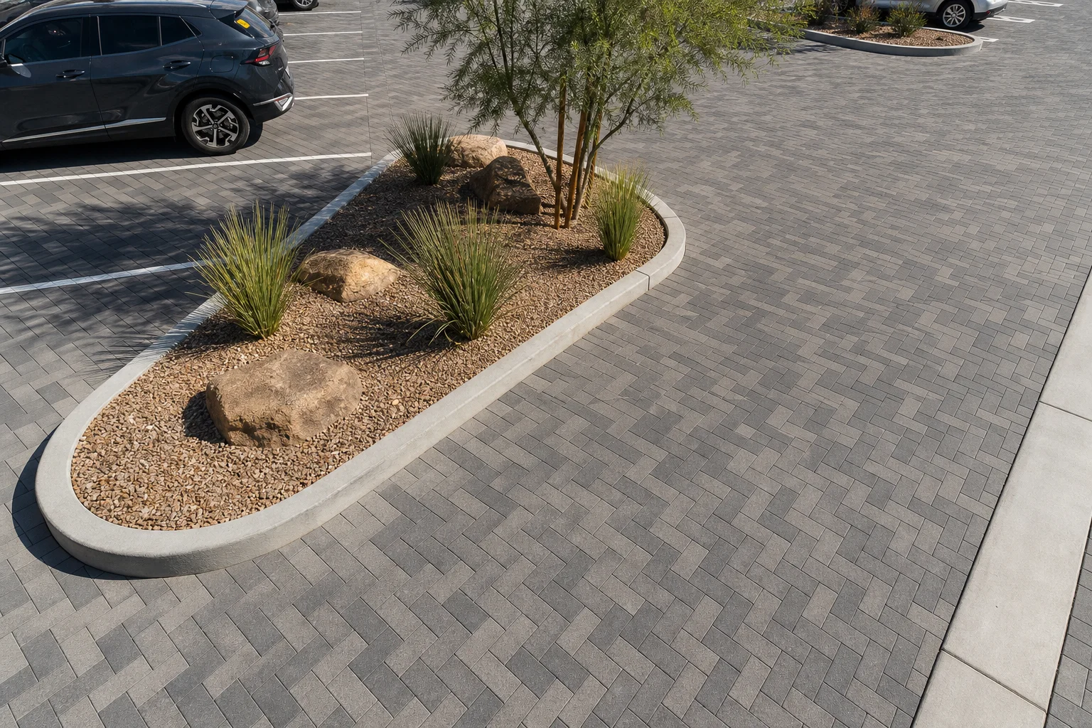 Commercial parking lot with gray and charcoal concrete pavers installed around a landscaped island