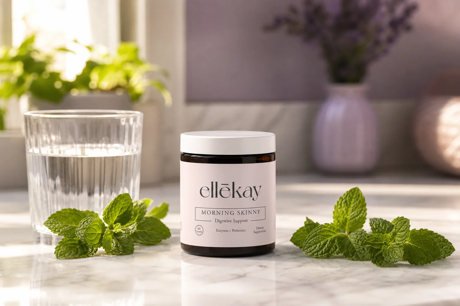 Peppermint and digestion wellness supplement with fresh peppermint sprigs on a bright morning kitchen counter