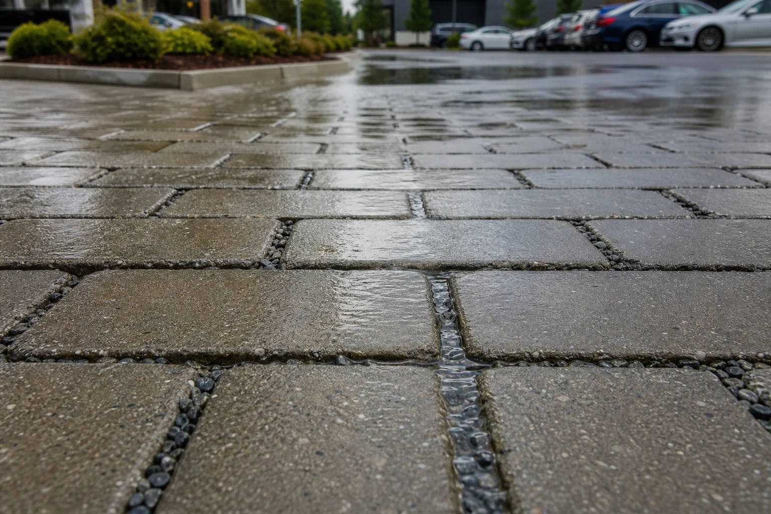Close-up of permeable pavers with open joints installed on a commercial parking lot