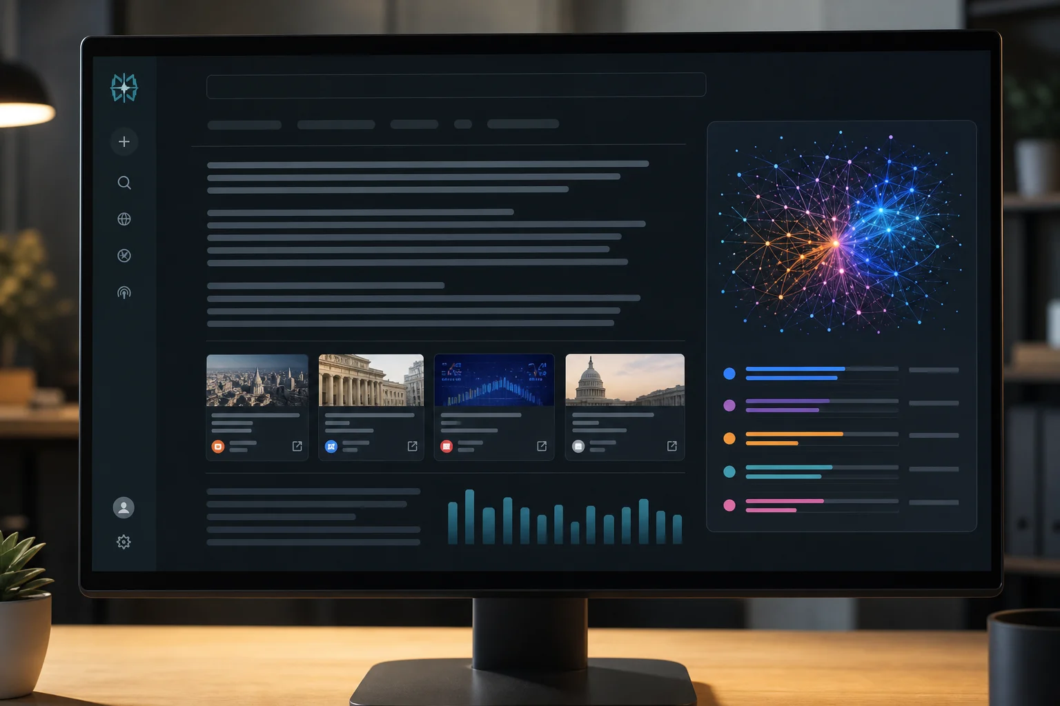 Researcher analyzing citation frequency data on a monitor displaying Perplexity AI query results and pattern graphs