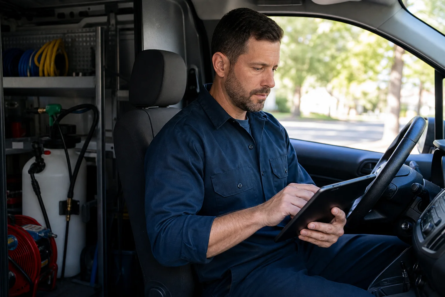 Technician reviewing pest control lead and cost data on a tablet in a service van