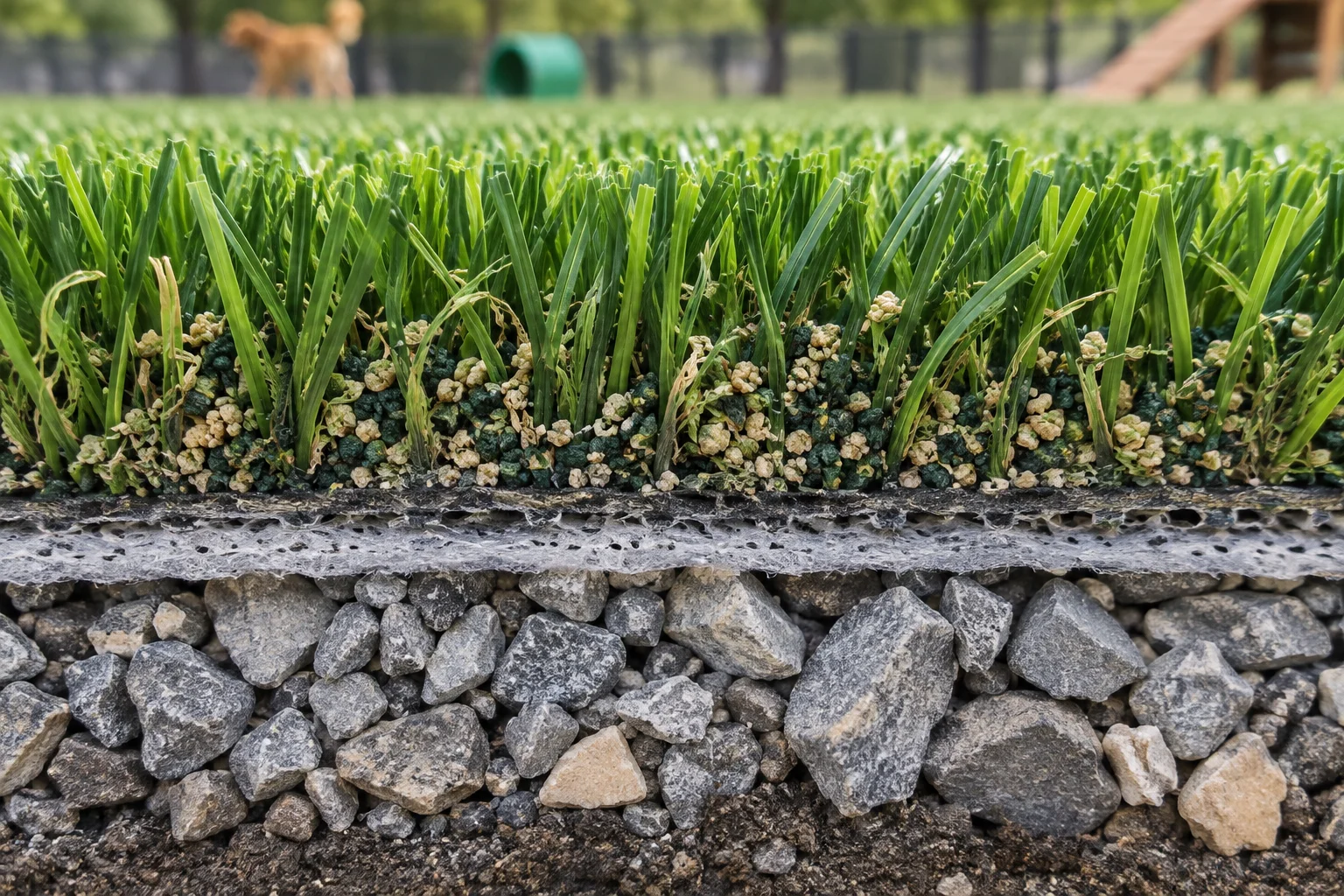 Cross-section of dog park artificial turf showing infill, drainage backing and aggregate base layers