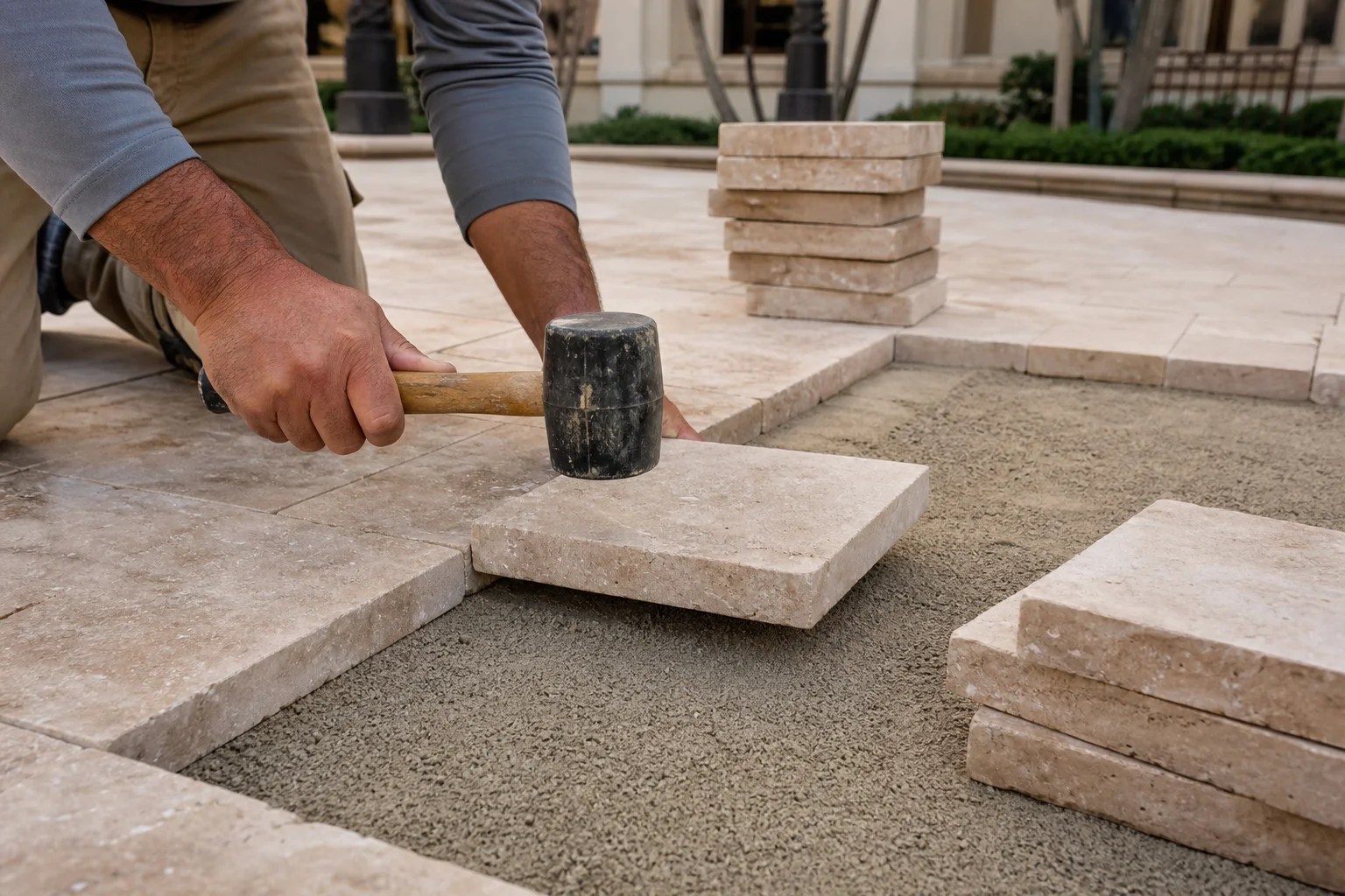 Landscape crew installing paver hardscape during a phased HOA common area renovation in Arizona