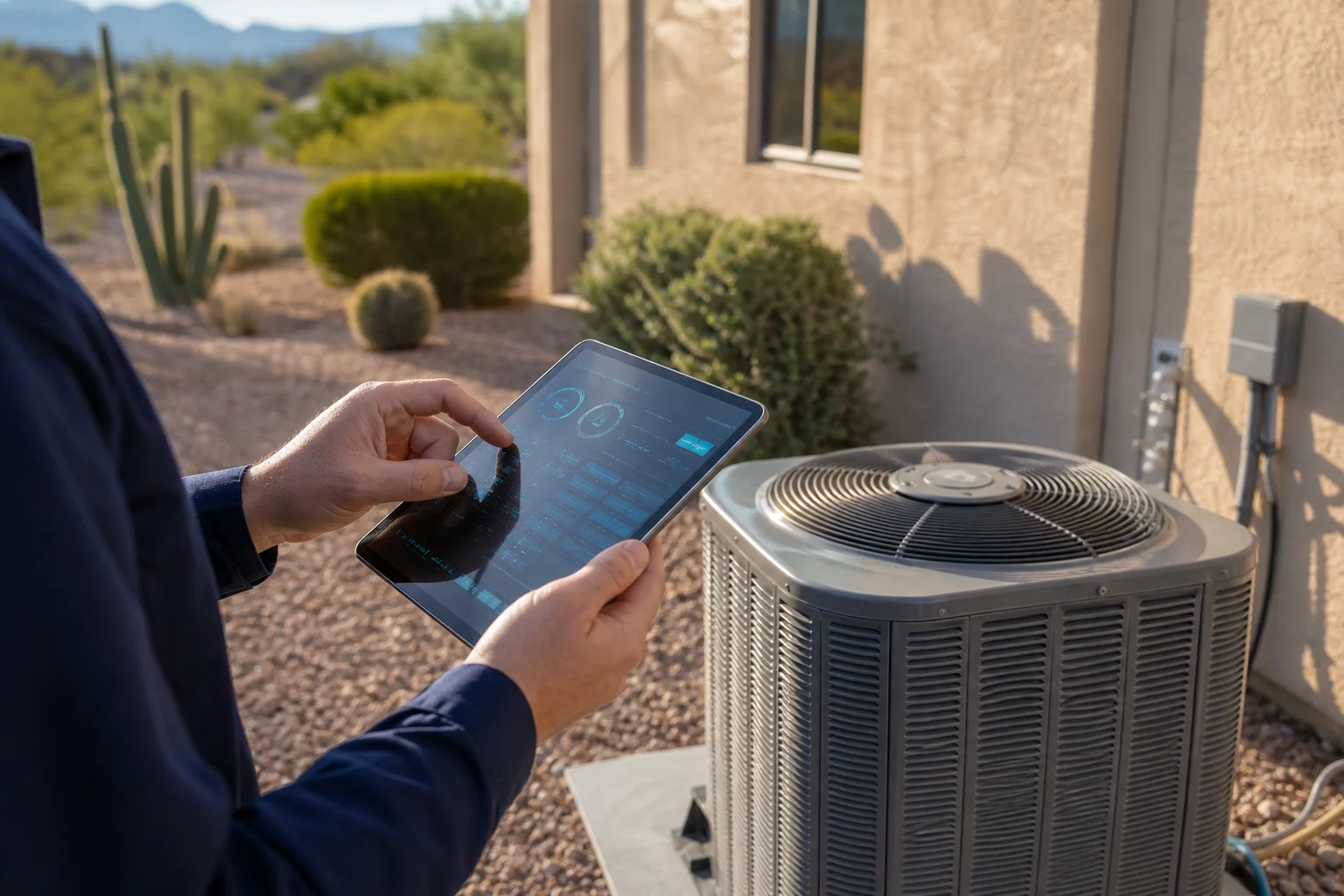 Technician reviewing HVAC service data on a tablet inside a Phoenix mechanical room