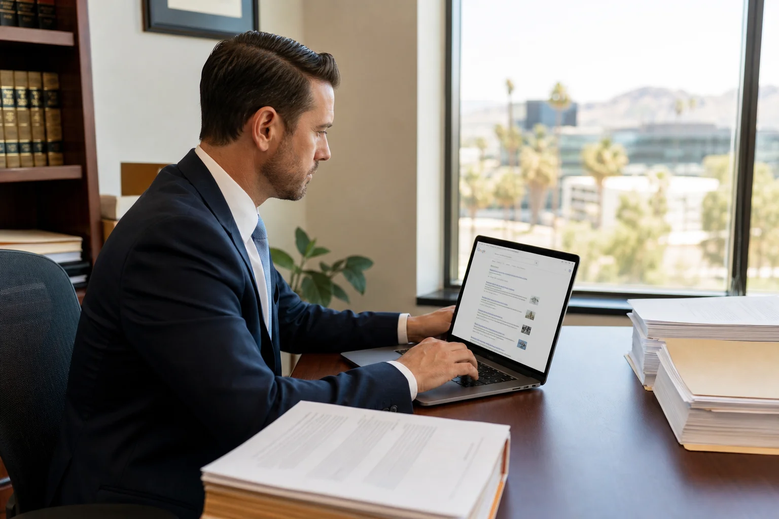 A Phoenix attorney reviewing law firm website search rankings on a laptop at a desk with legal briefs nearby