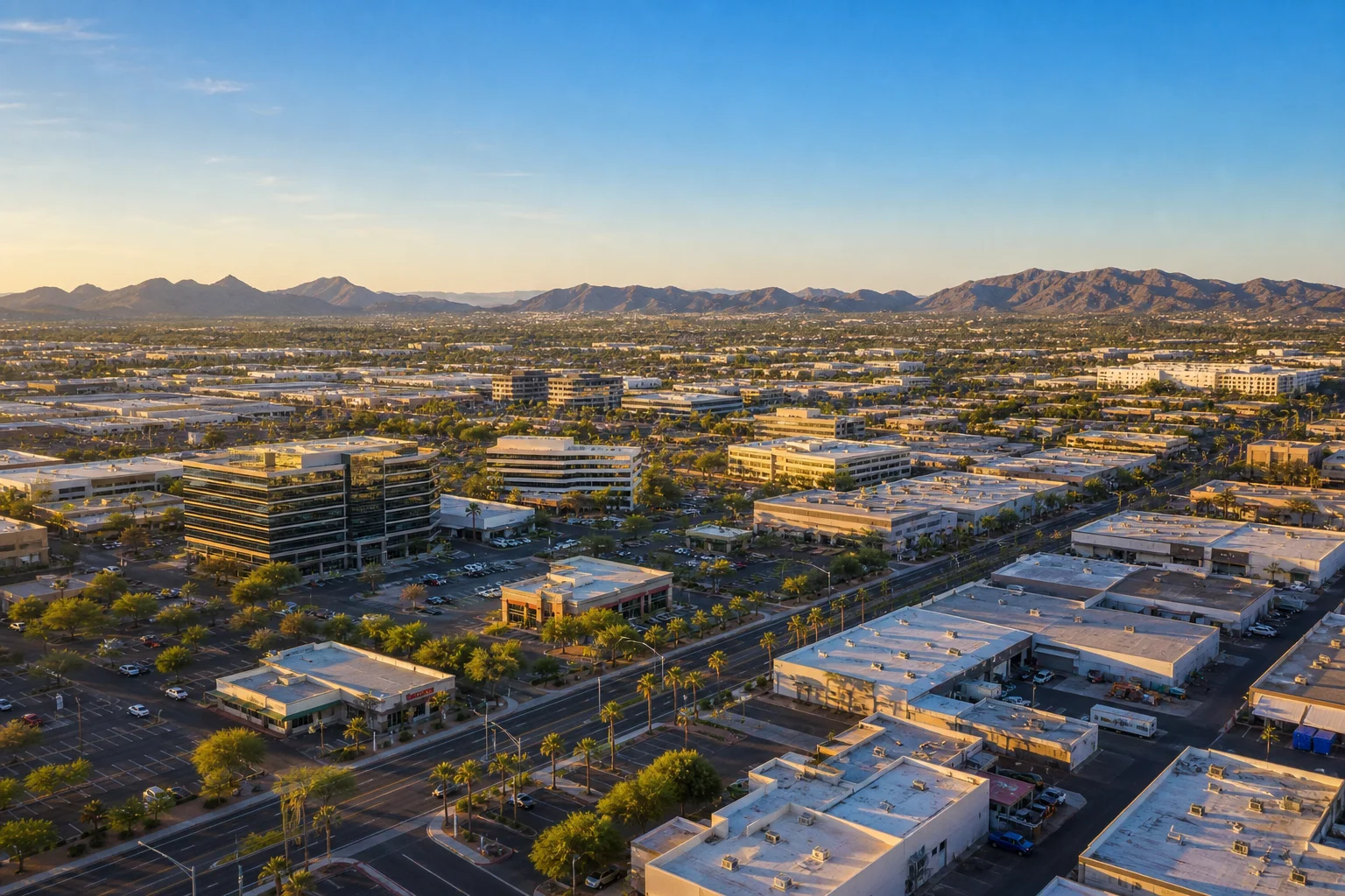 Phoenix commercial real estate district with office buildings and industrial parks, illustrating what a tenant rep actually does and why it costs a Phoenix tenant nothing