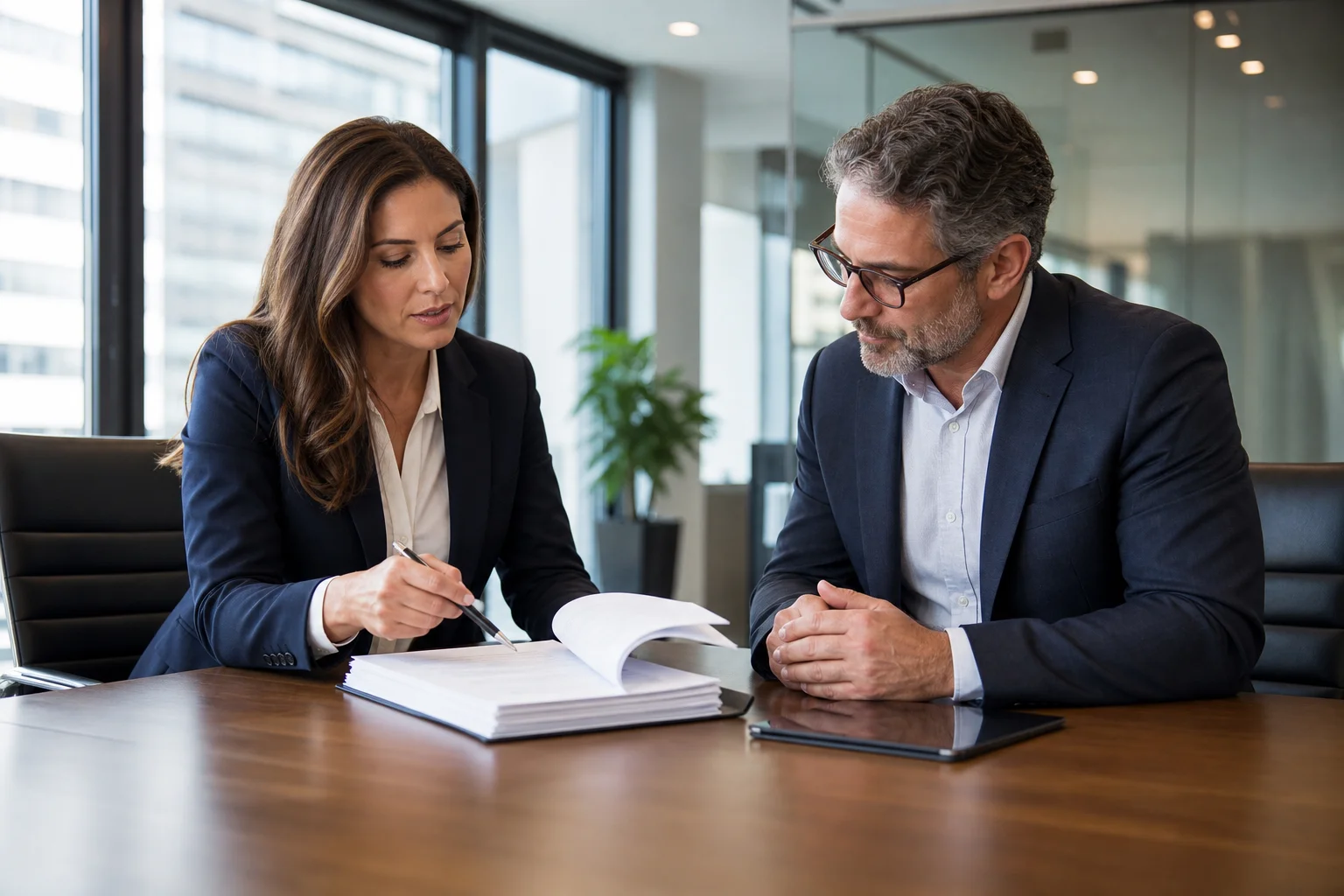 A commercial real estate broker reviewing a commercial lease with a business owner in a professional Phoenix office setting