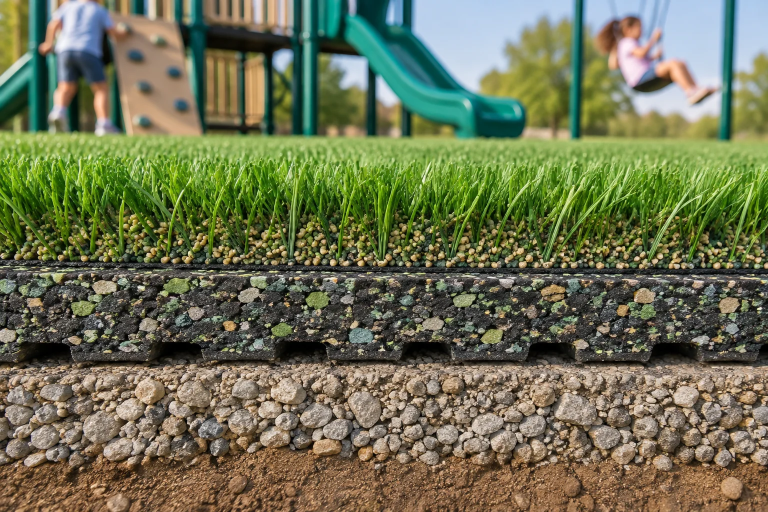 Cutaway view showing synthetic turf, infill, shock pad, and compacted base layers used for playground safety