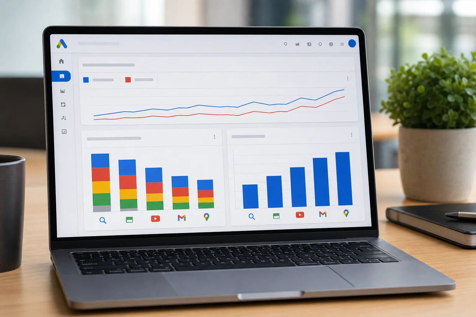 Business owner reviewing Google Ads Performance Max campaign metrics with conversion data by channel on a laptop screen