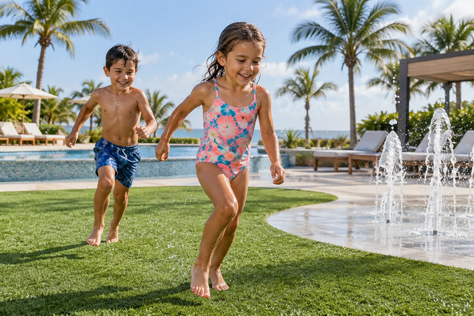 Children playing barefoot on lush artificial turf beside a resort pool deck with palm trees in the background