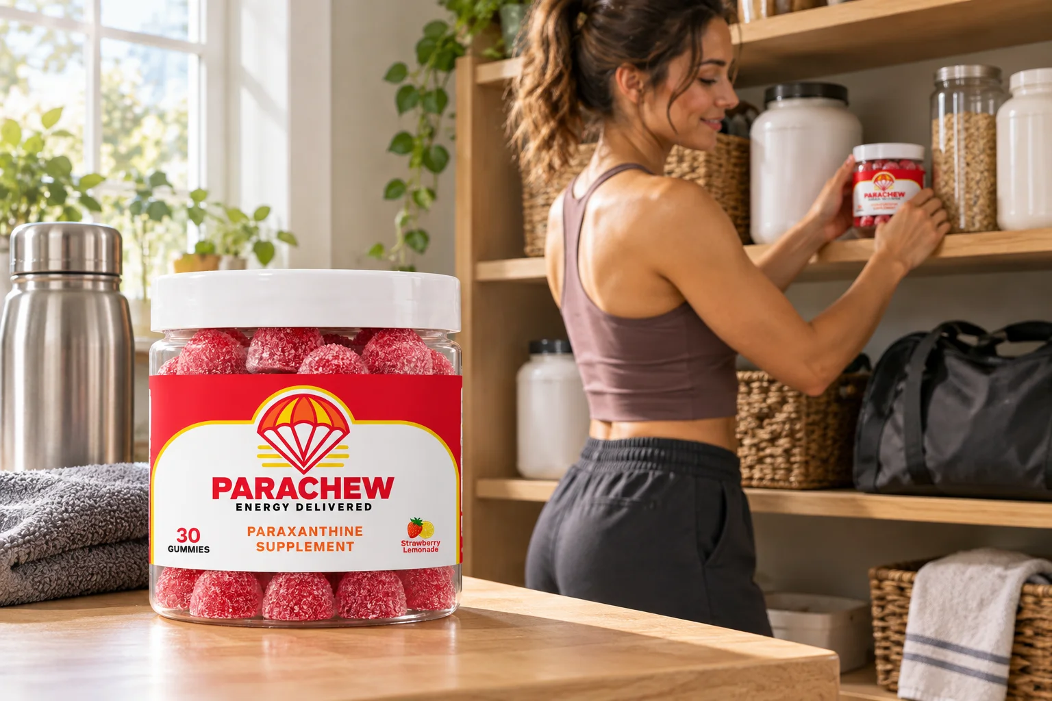 Person checking paraxanthine gummies shelf life while stocking a Parachew pantry shelf before the holidays
