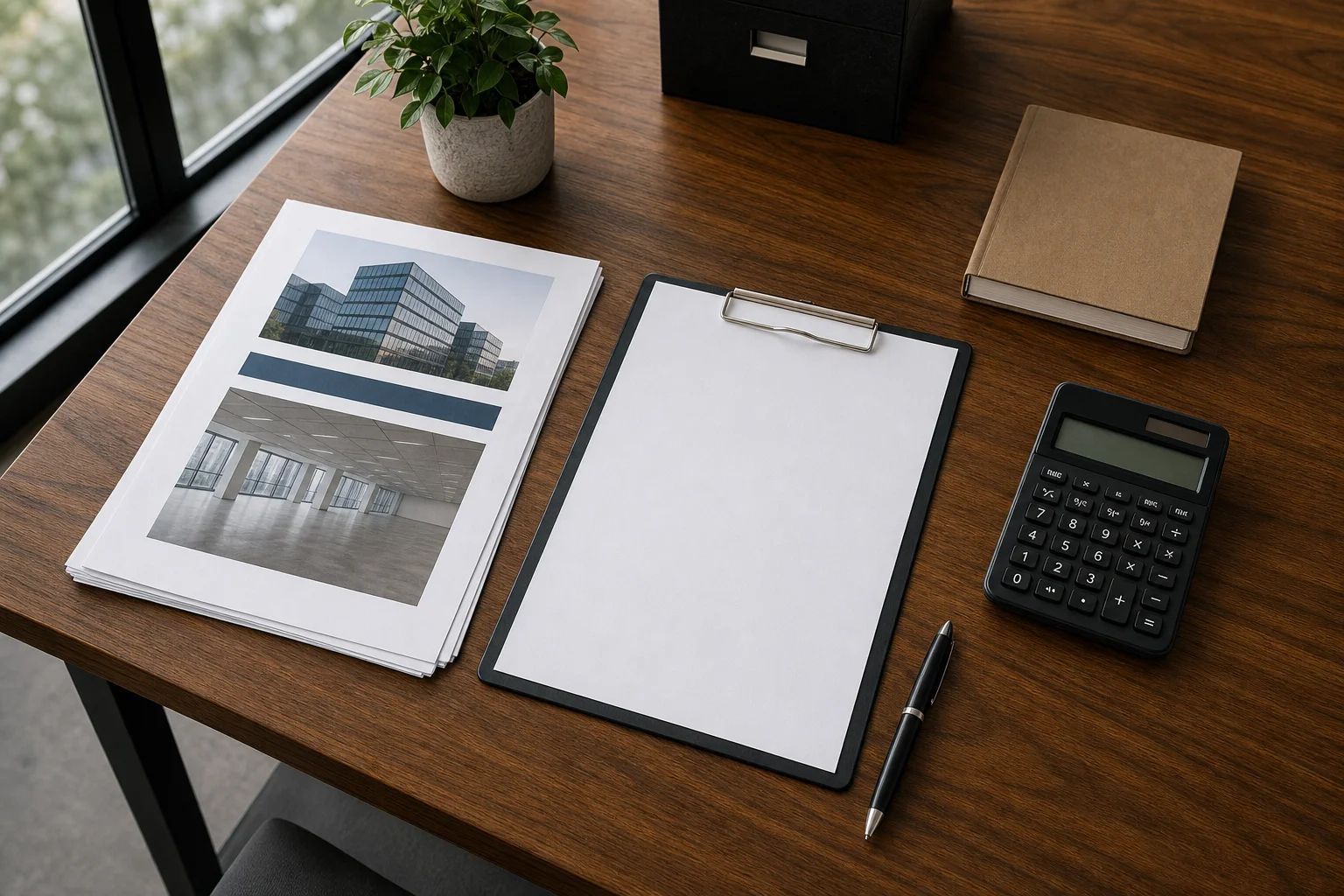Desk with a commercial lease, market rate report, and calculator laid out for annual office budget planning