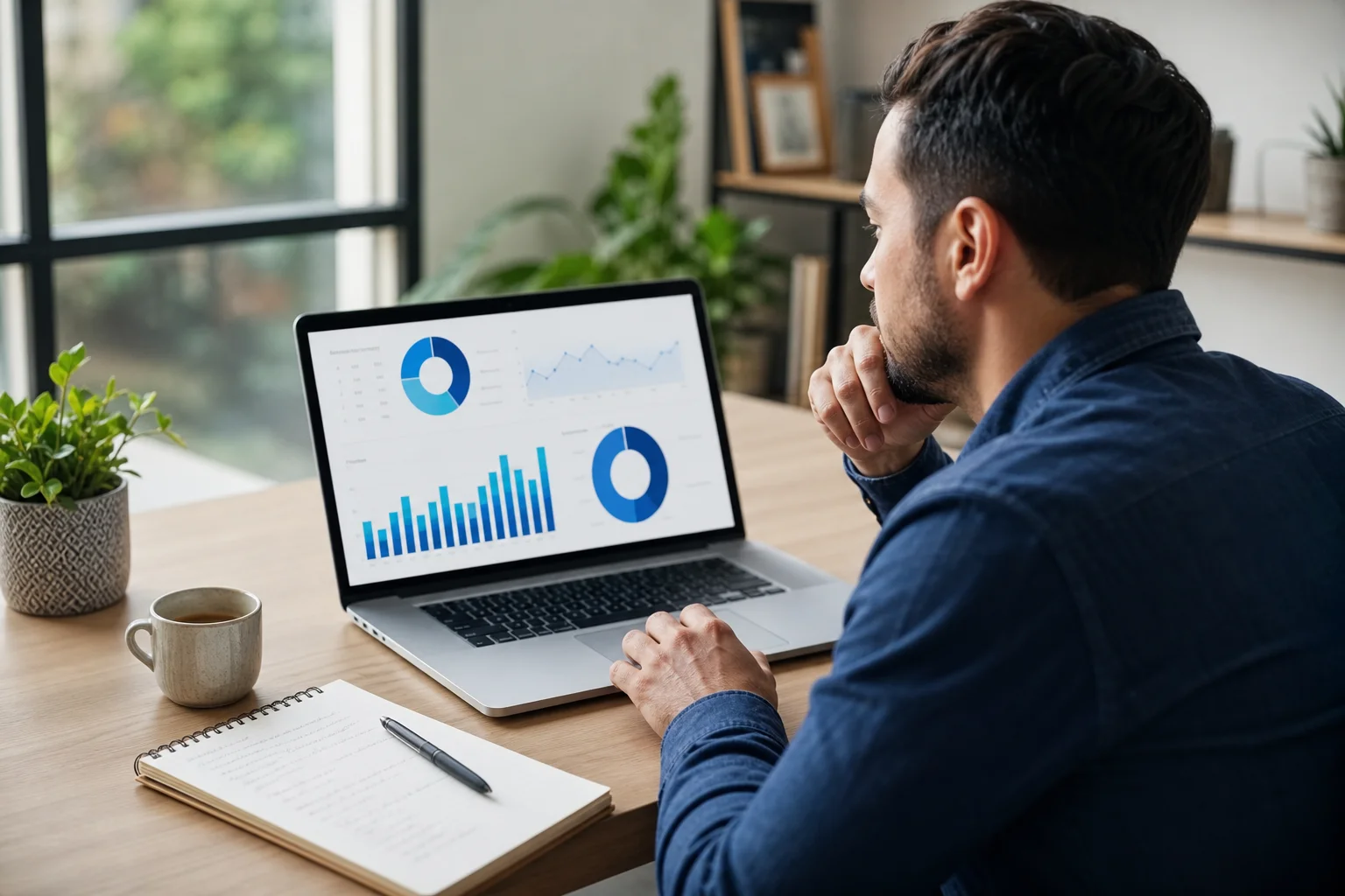 A business owner reviewing a marketing agency proposal on a laptop with data charts visible on screen