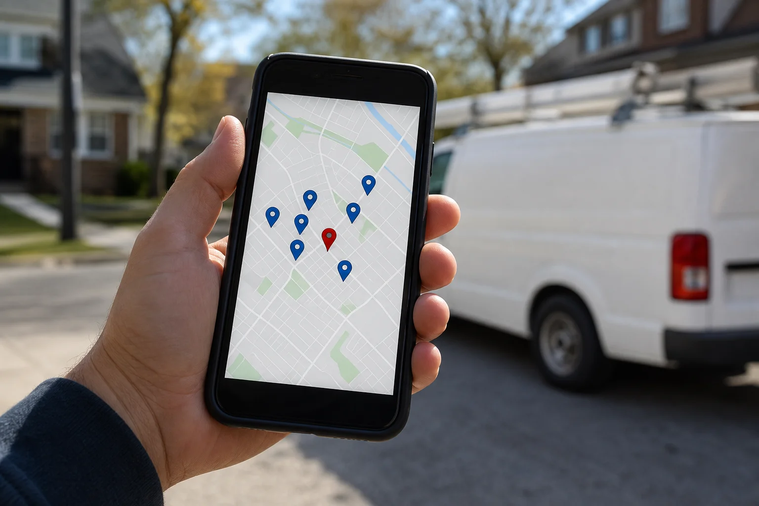 A Google Maps interface showing pinned plumbing business locations with a service van parked outside a Gilbert Arizona home
