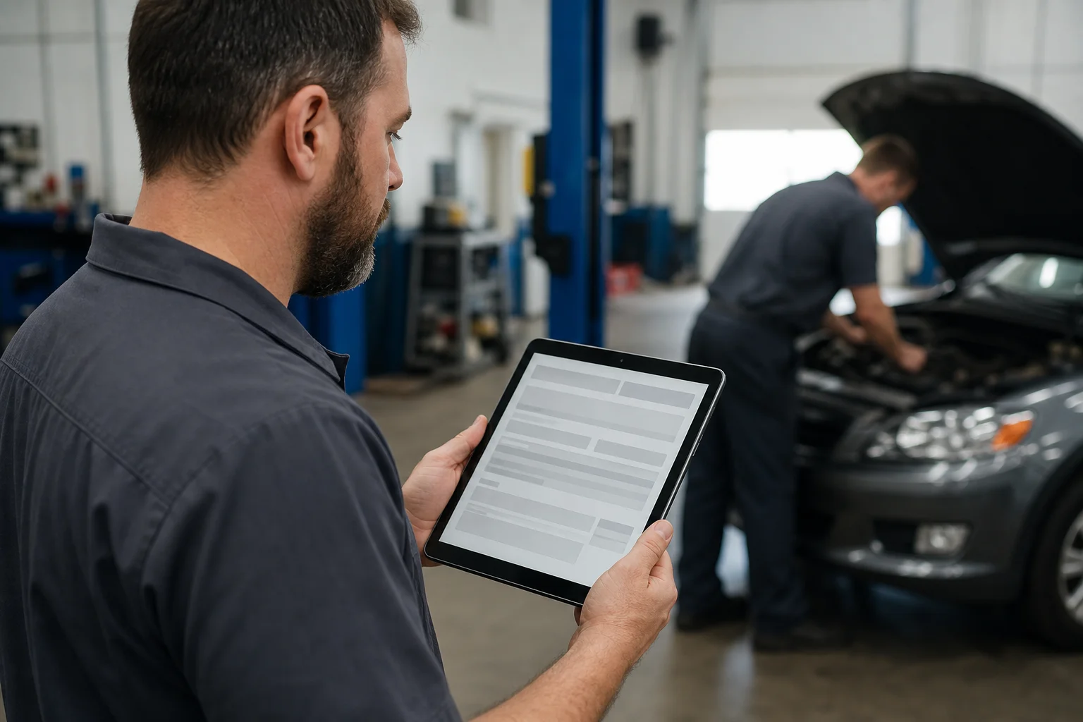 A mechanic reviewing a tablet showing repair order data inside an auto repair shop bay