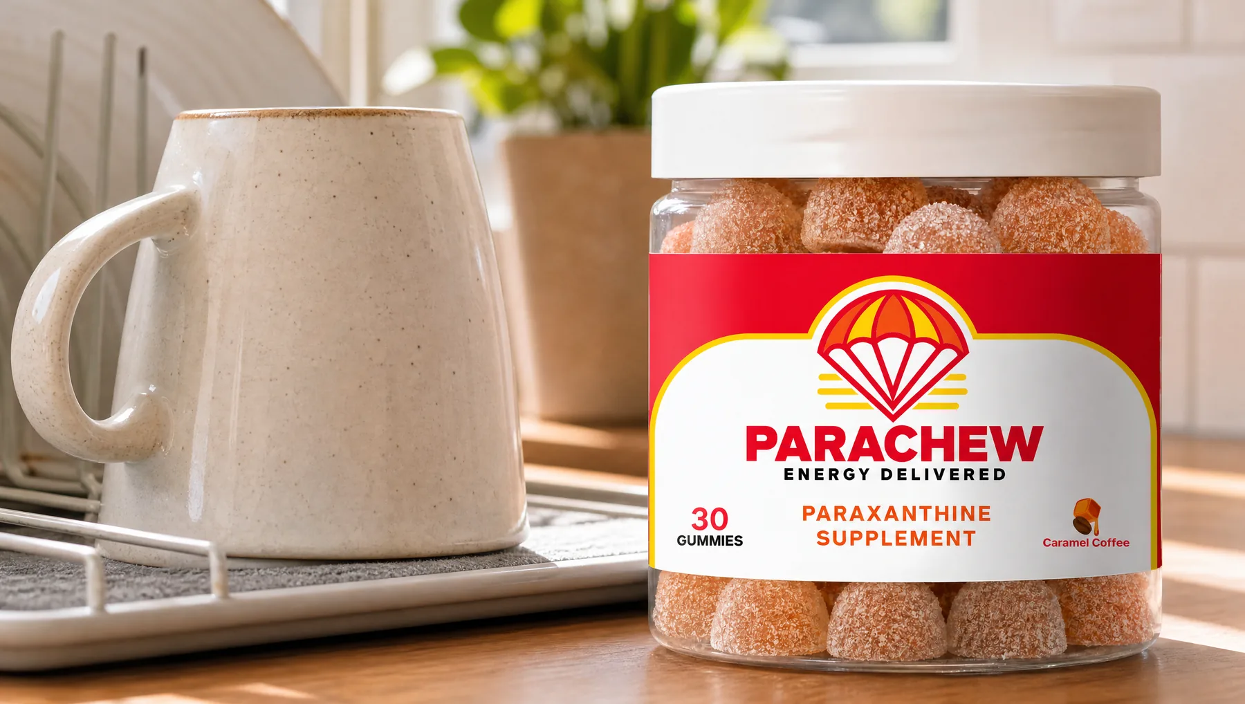 Close view of a Parachew Caramel Coffee paraxanthine gummies jar, a close crop of the counter