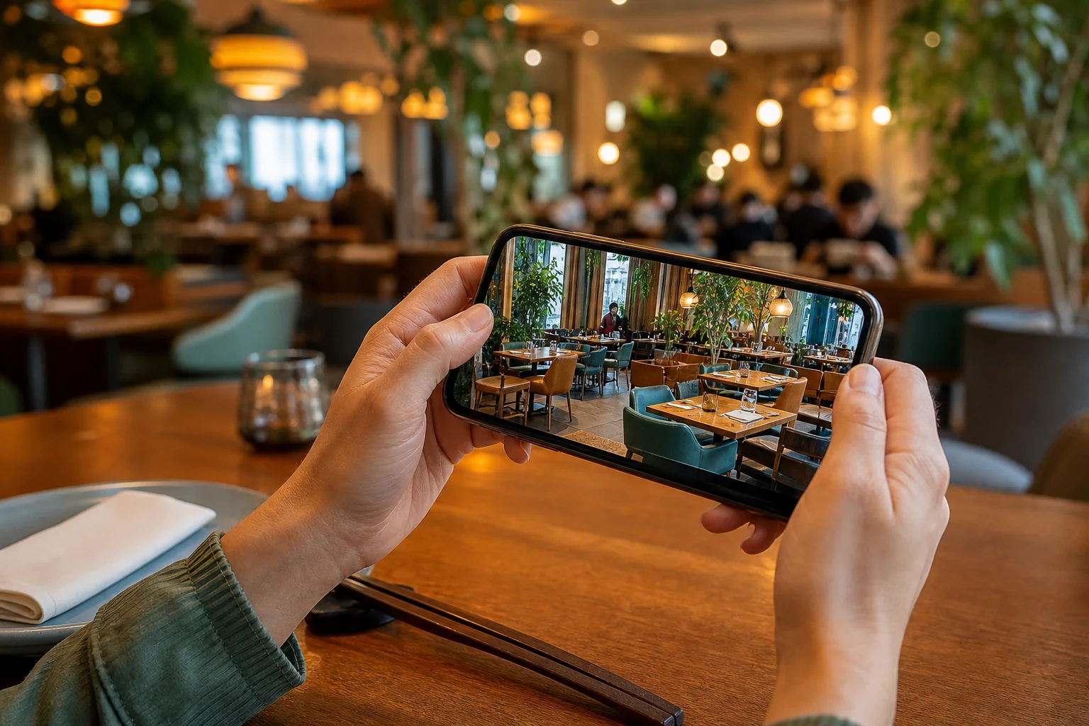Guest checking phone for restaurant reviews before booking a table