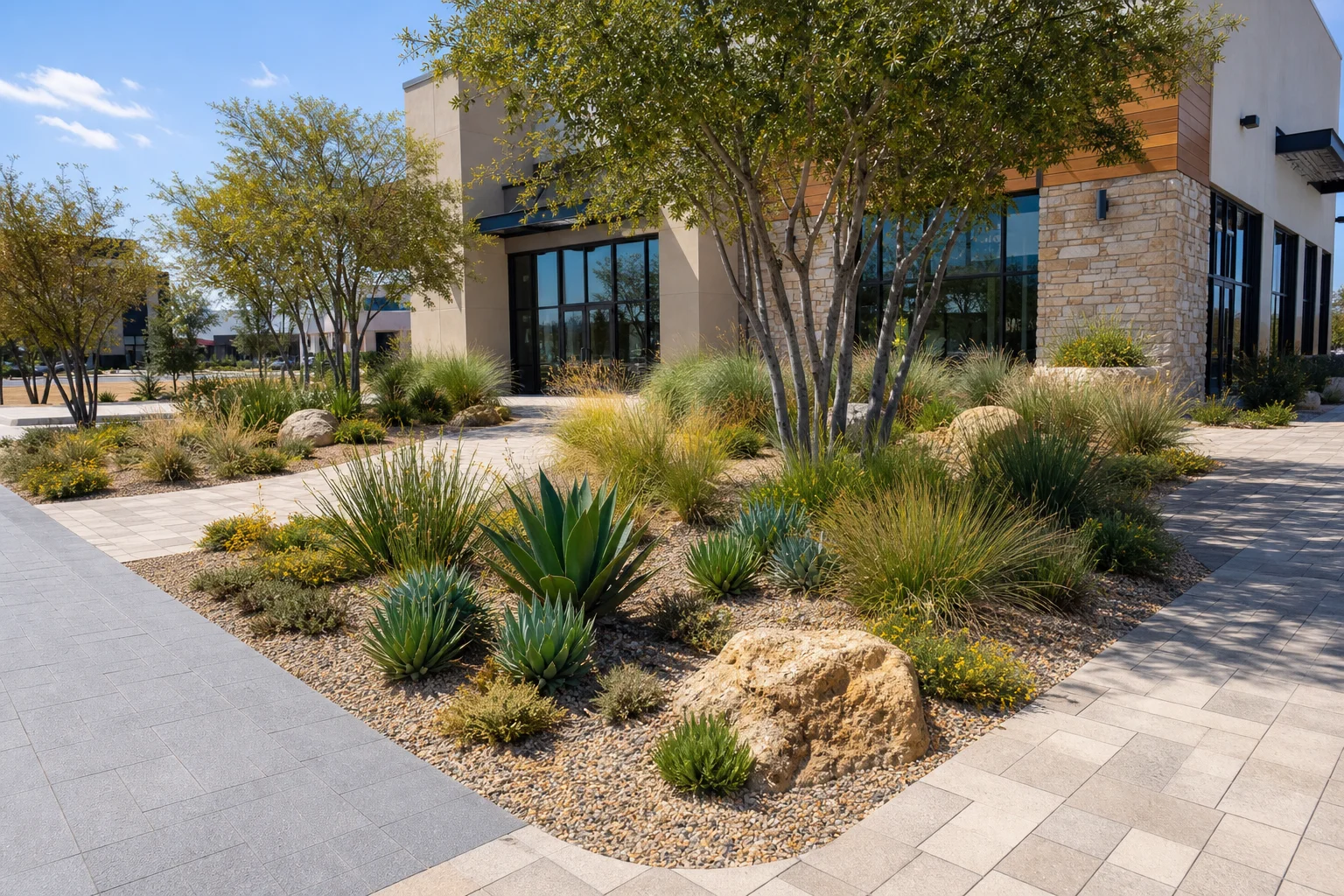 A landscaped retail plaza entrance with drought-tolerant plants, paver walkways, and shade trees framing storefronts