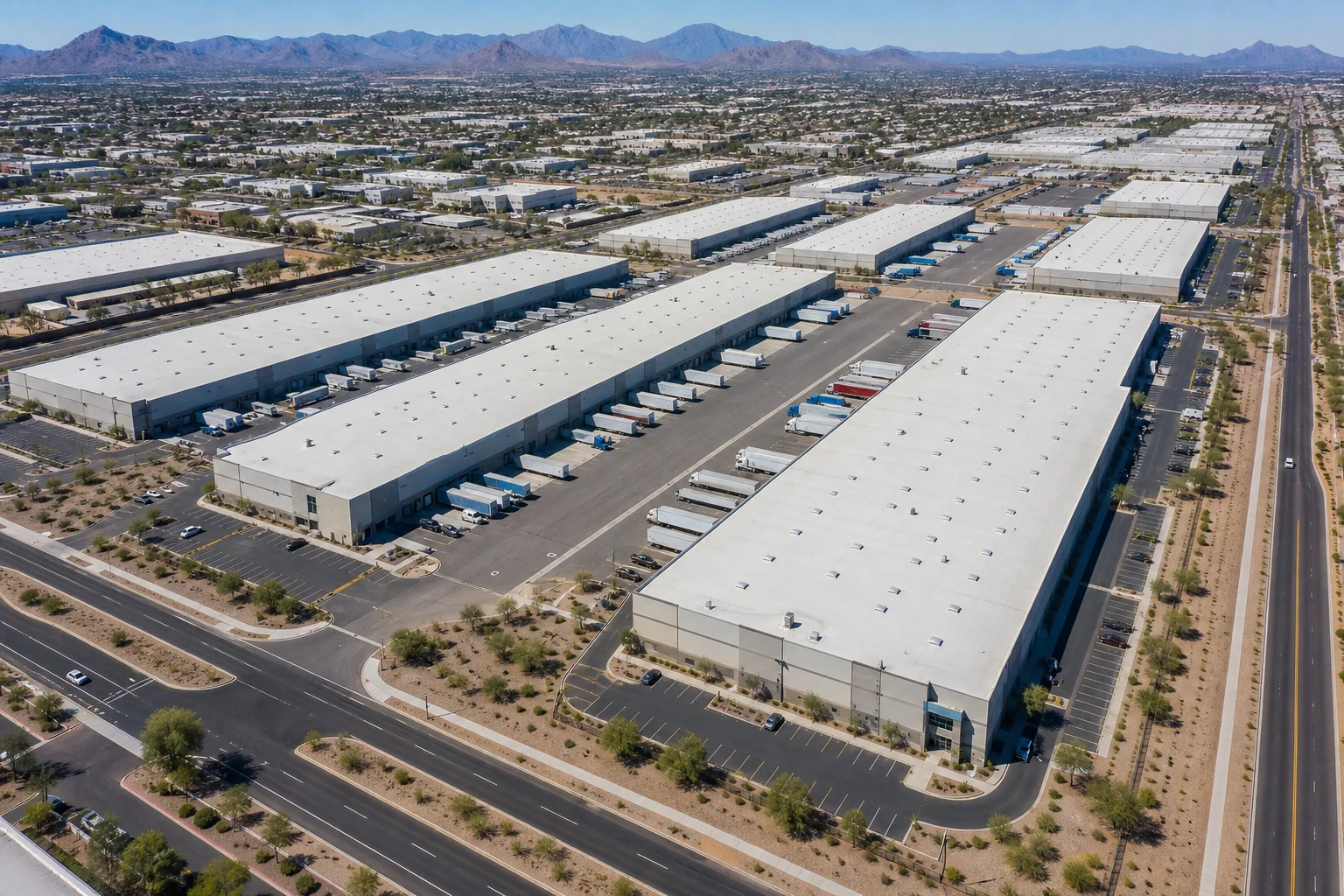 Aerial view of a Phoenix metro commercial and industrial park complex illustrating a replacement property acquisition target in a reverse 1031 exchange