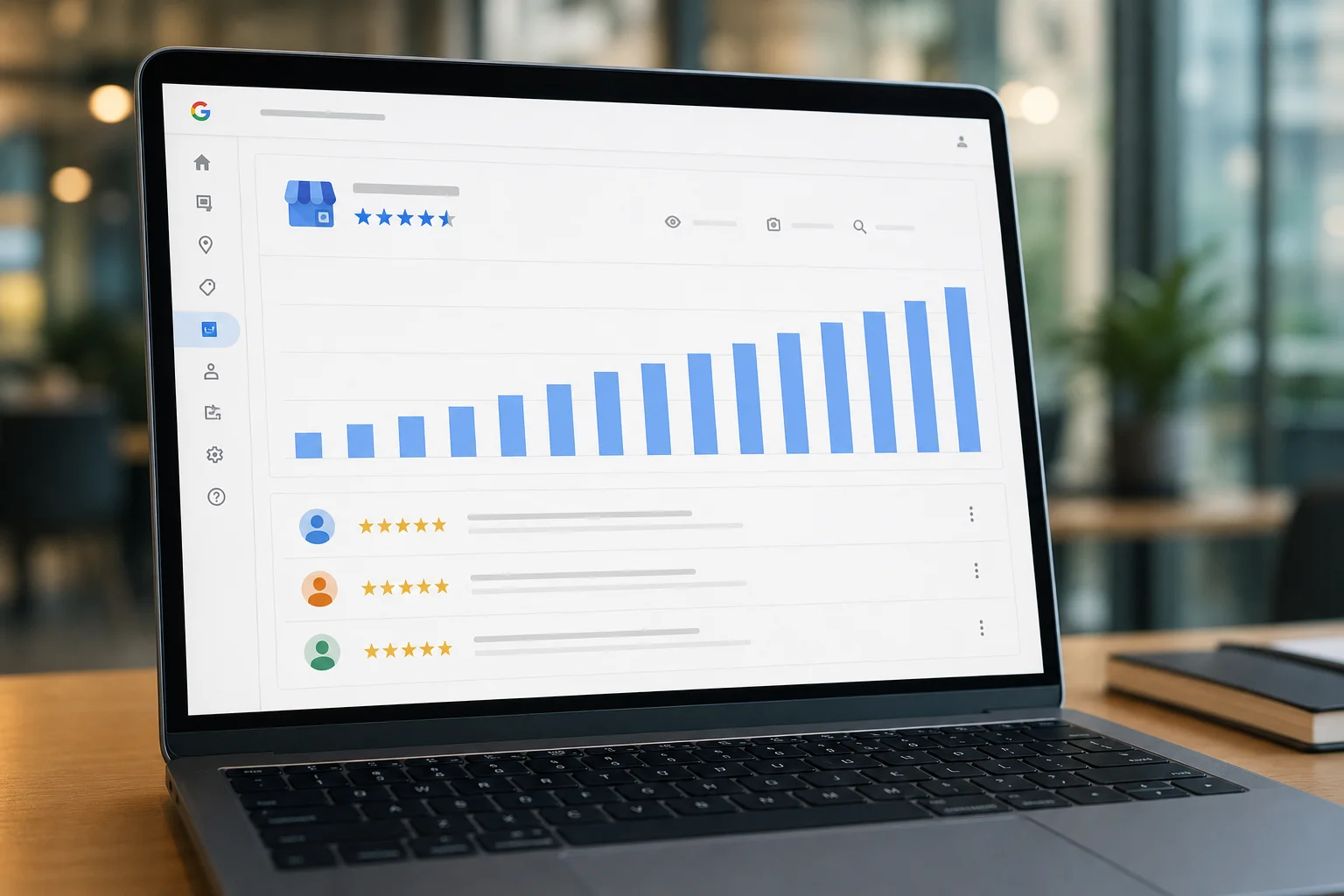 A local business owner reviewing consistent monthly review growth on a Google Business Profile dashboard