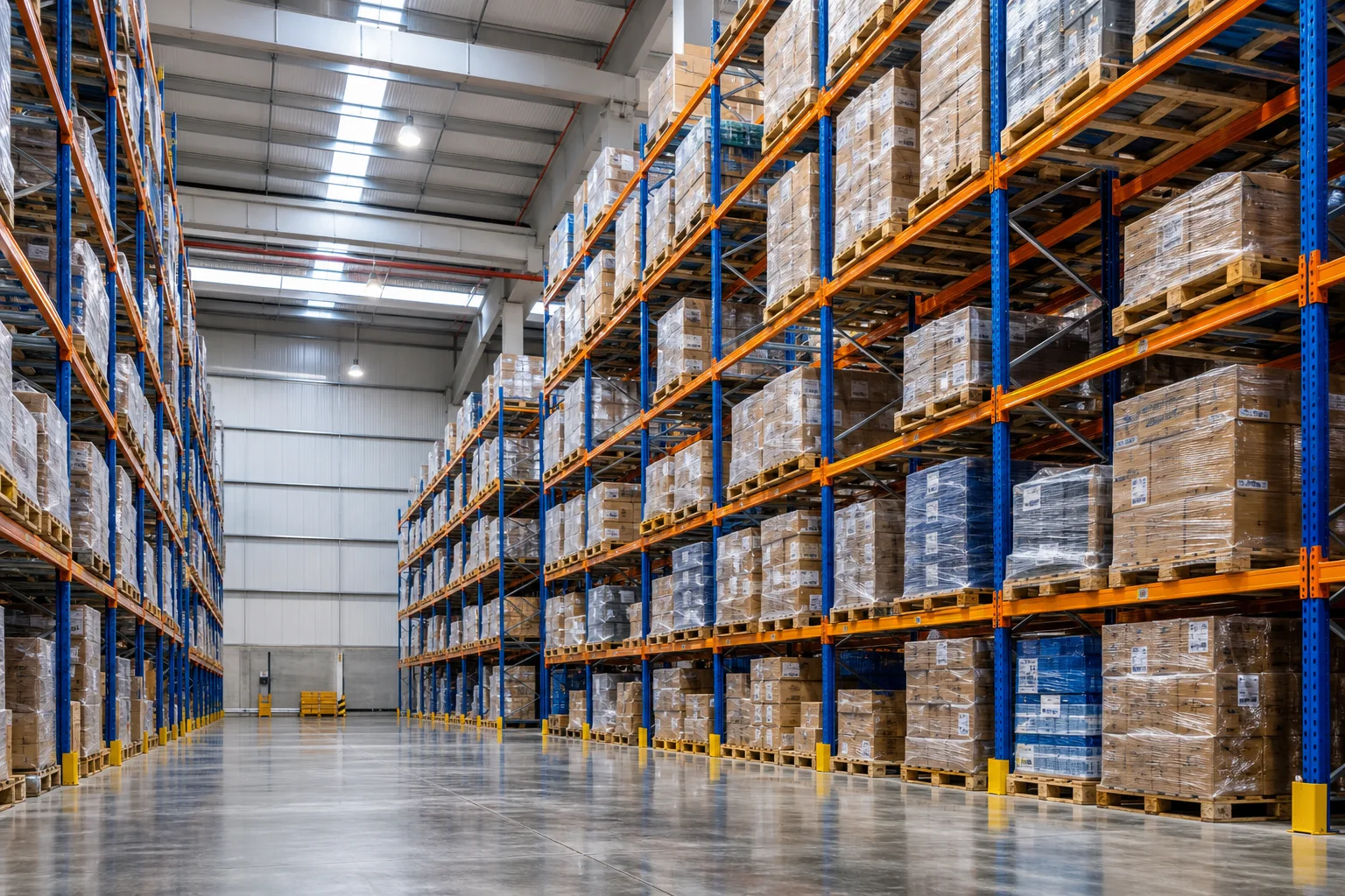 Industrial warehouse interior in Chandler Arizona with high-bay pallet racking and wide forklift aisles
