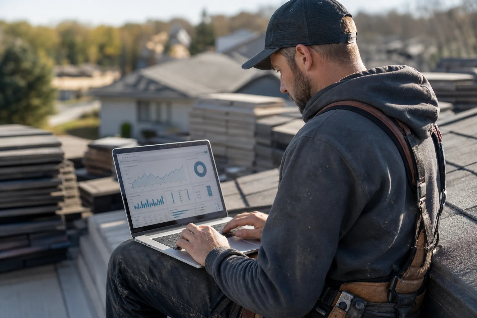 A roofing contractor reviewing digital analytics on a laptop at a residential job site, with a newly installed shingle roof visible in the background