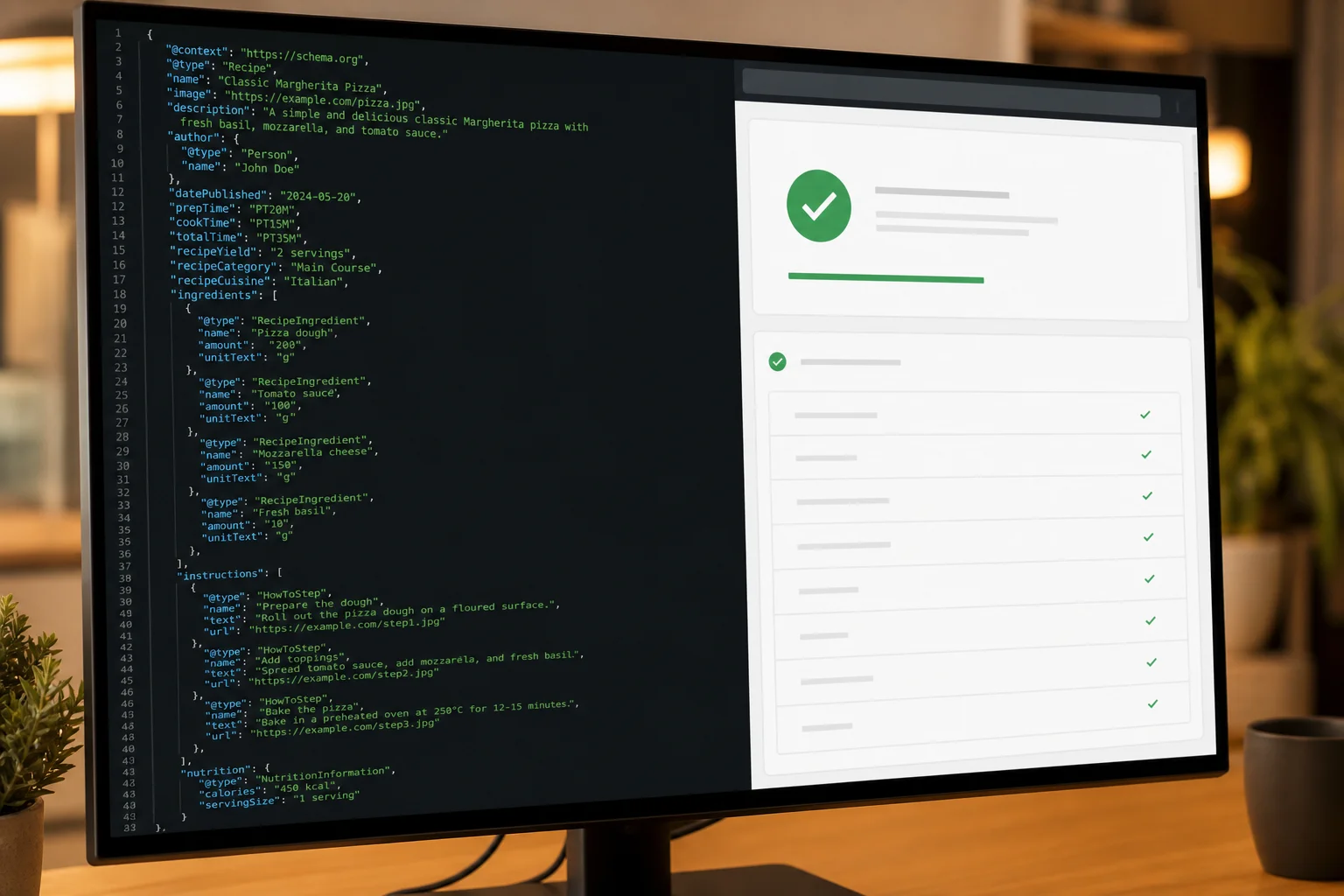 A developer monitor displaying JSON-LD schema markup code with highlighted property names alongside a Google Rich Results validation panel showing green checkmarks