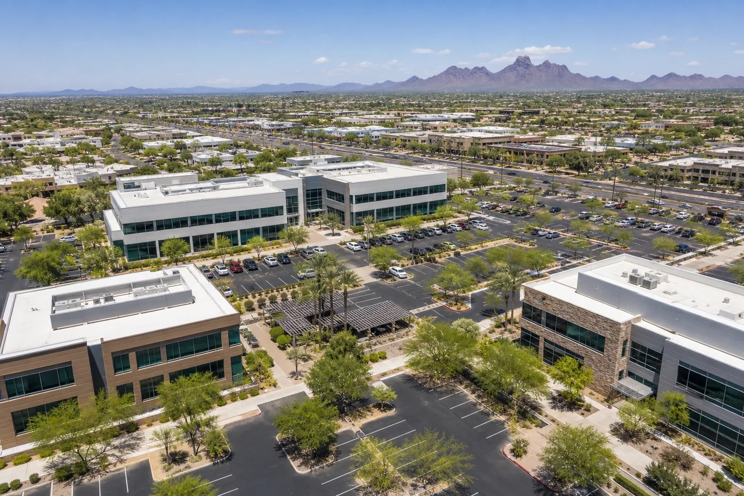 Modern Class A office buildings representing the Scottsdale Airpark office outlook for 2026