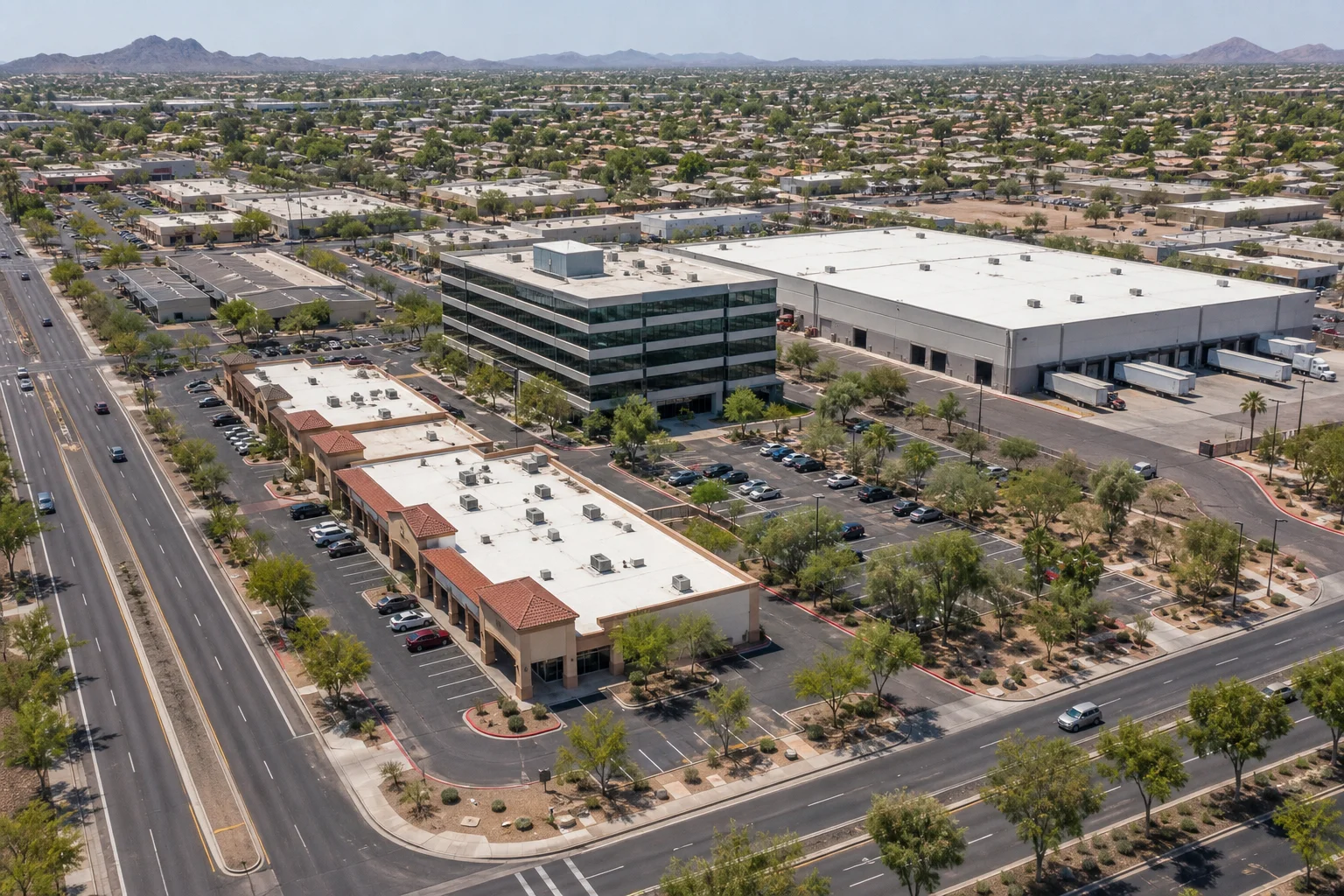 Aerial view of Scottsdale retail, office, and industrial buildings used for commercial real estate comps