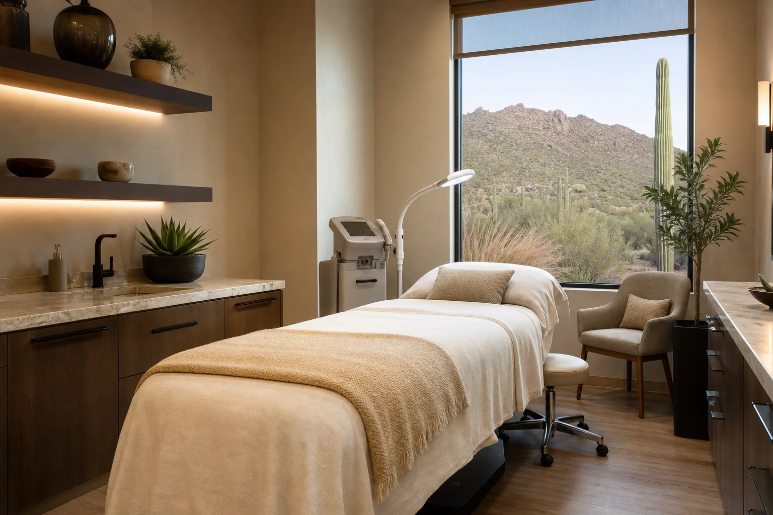 Professional treatment room at a Scottsdale med spa with clean clinical equipment and warm Arizona-inspired decor