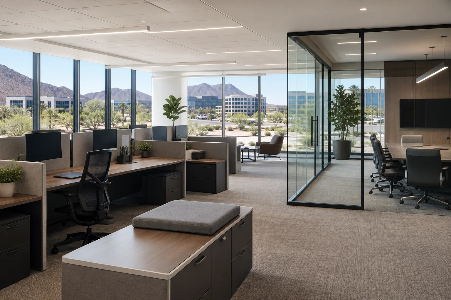 Modern Class A office building exterior in Scottsdale, Arizona with landscaped entrance and glass facade
