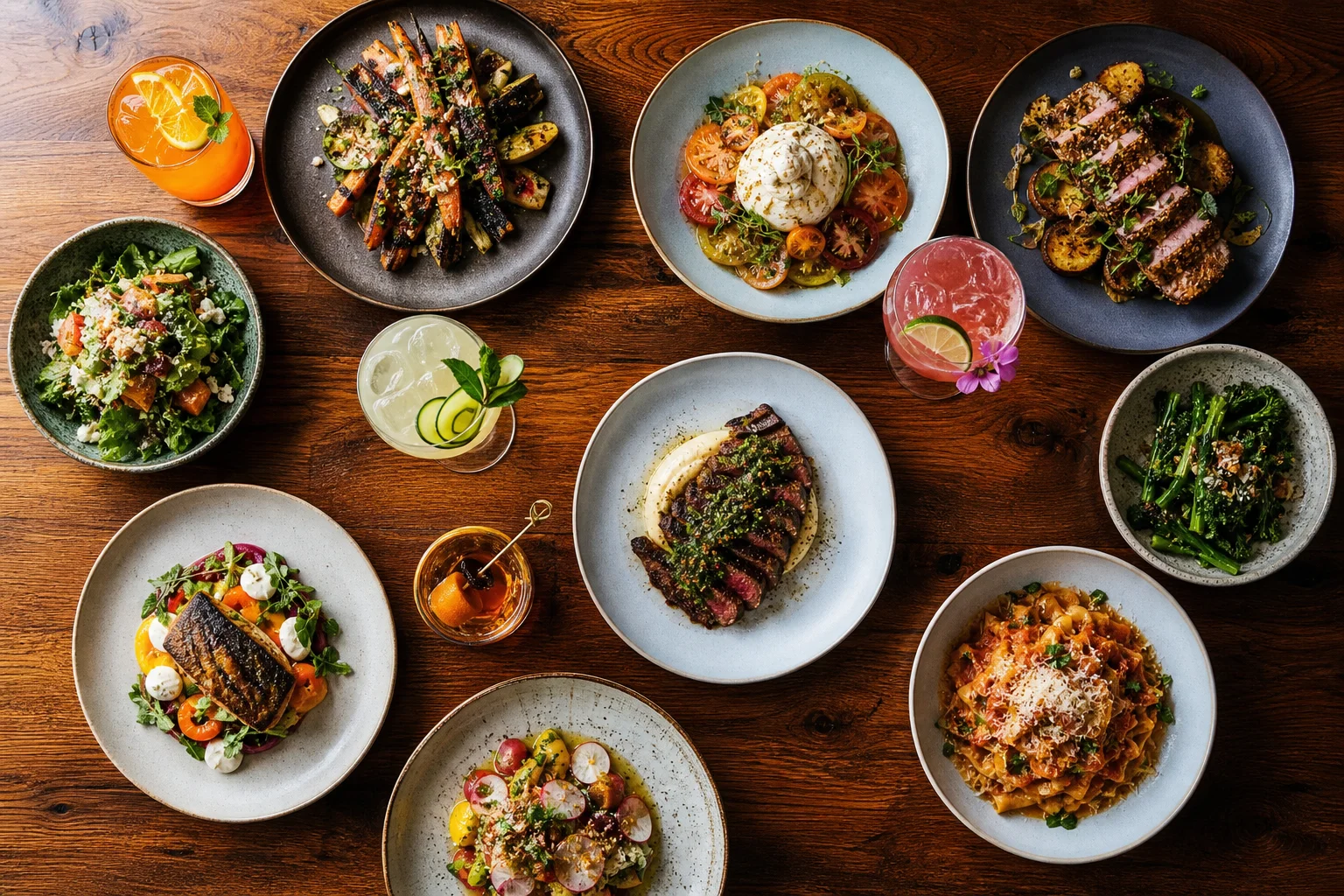 Overhead flat-lay of vibrant fresh dishes and craft cocktails arranged on a table at a modern Scottsdale restaurant with warm ambient lighting