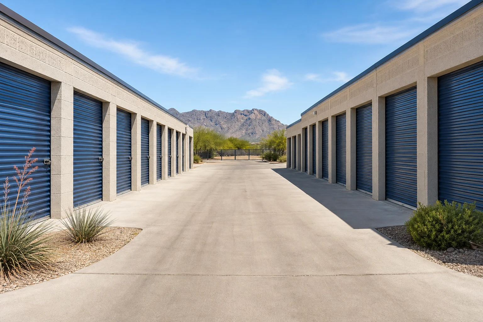 Aerial view of a self storage facility with rows of drive-up units near Apache Junction, Arizona