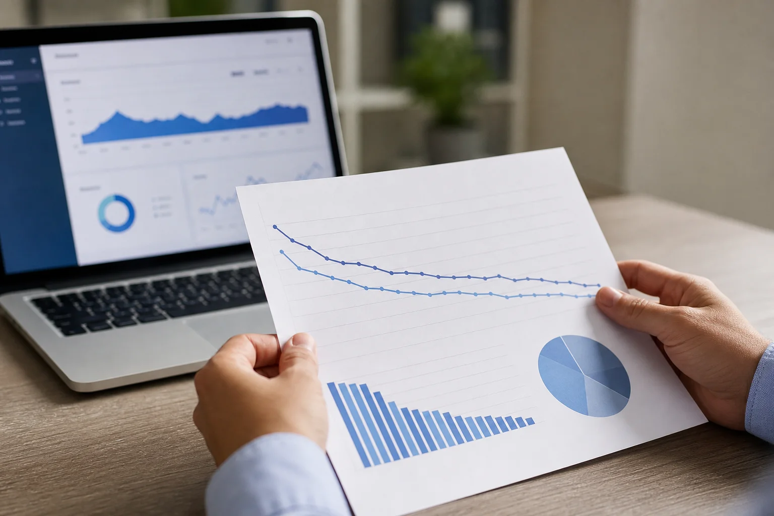 Business owner reviewing SEO performance reports at a desk with a laptop showing declining search results