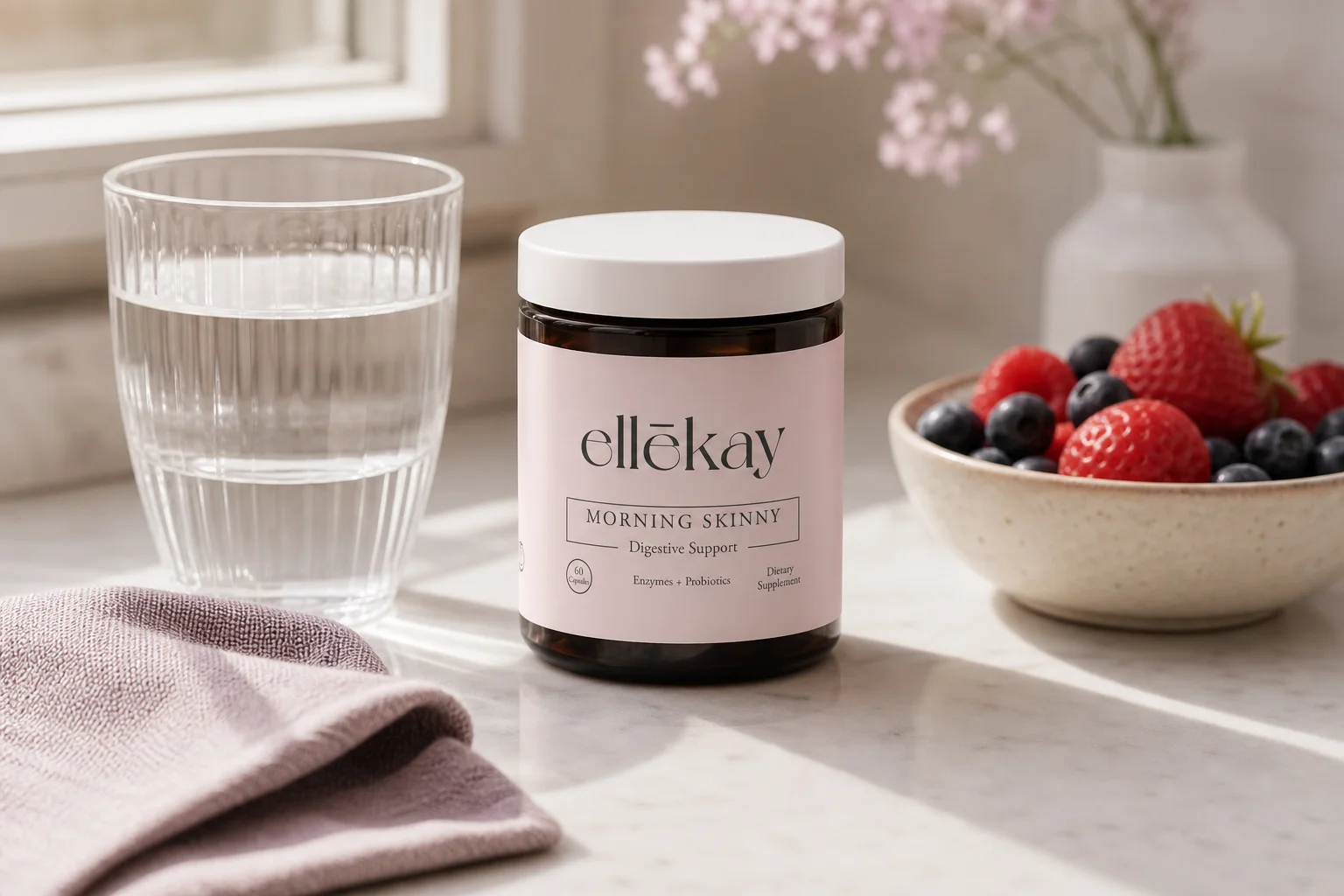 Ellekay Morning Skinny supplement bottle on a kitchen counter representing serotonin and the gut health connection