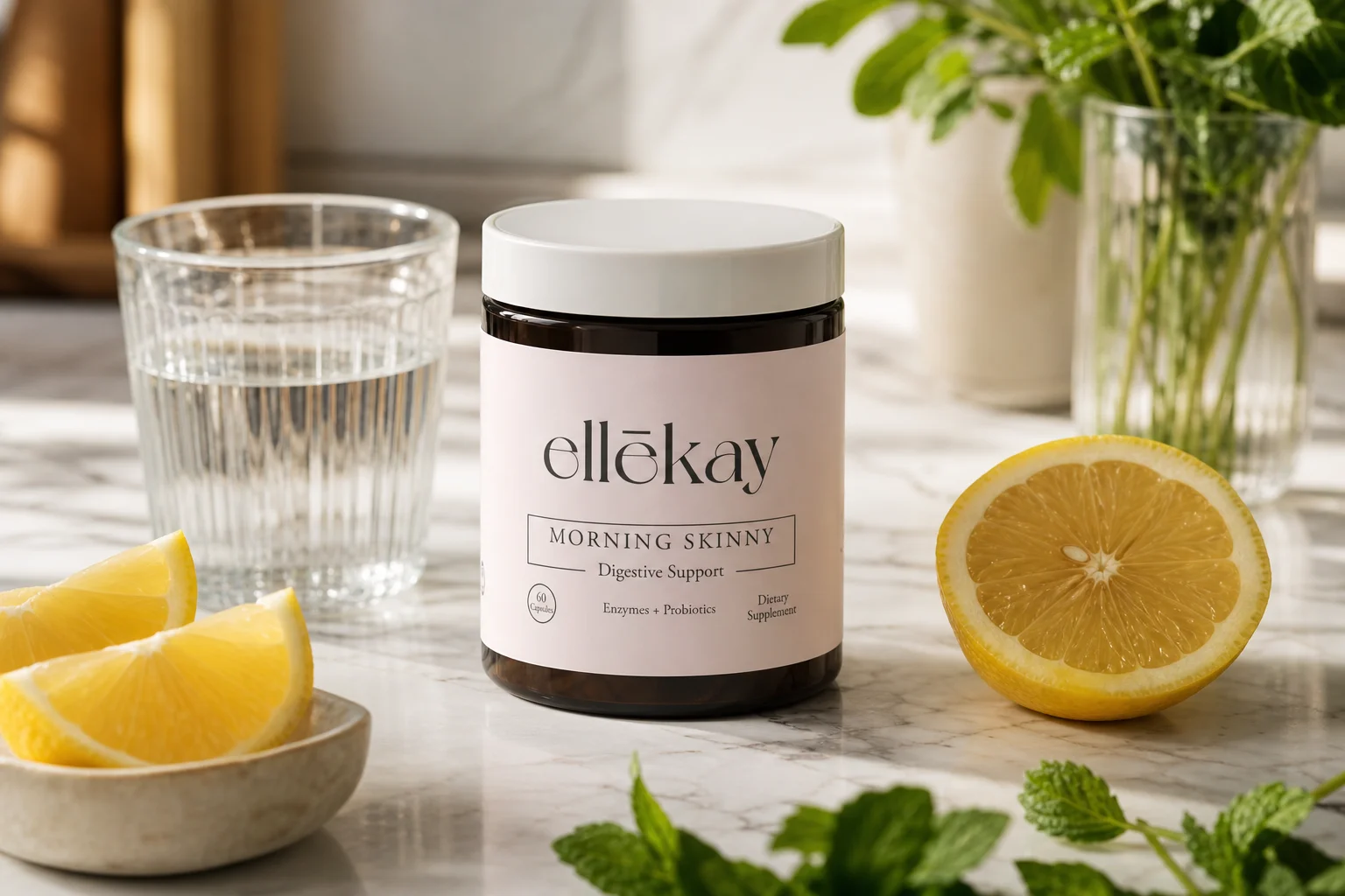 Ellekay Morning Skinny supplement bottle on a bright kitchen counter, representing signs your gut health is improving through a daily morning wellness routine