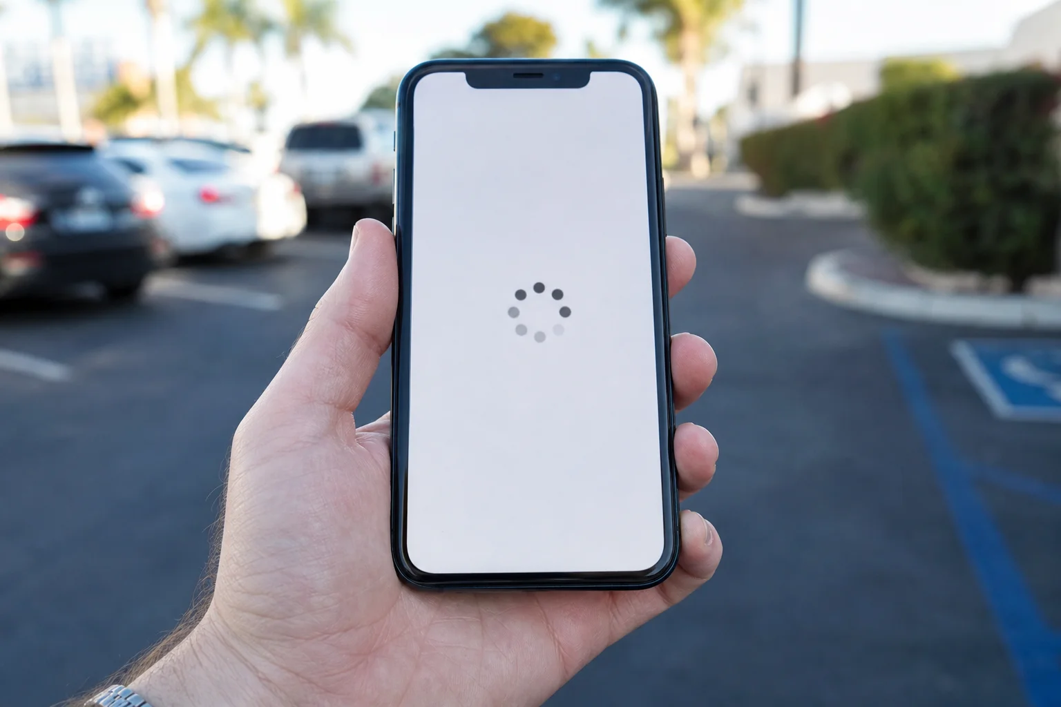 A visitor waiting on a phone as a website loading spinner spins, illustrating slow site speed costing a business a lead
