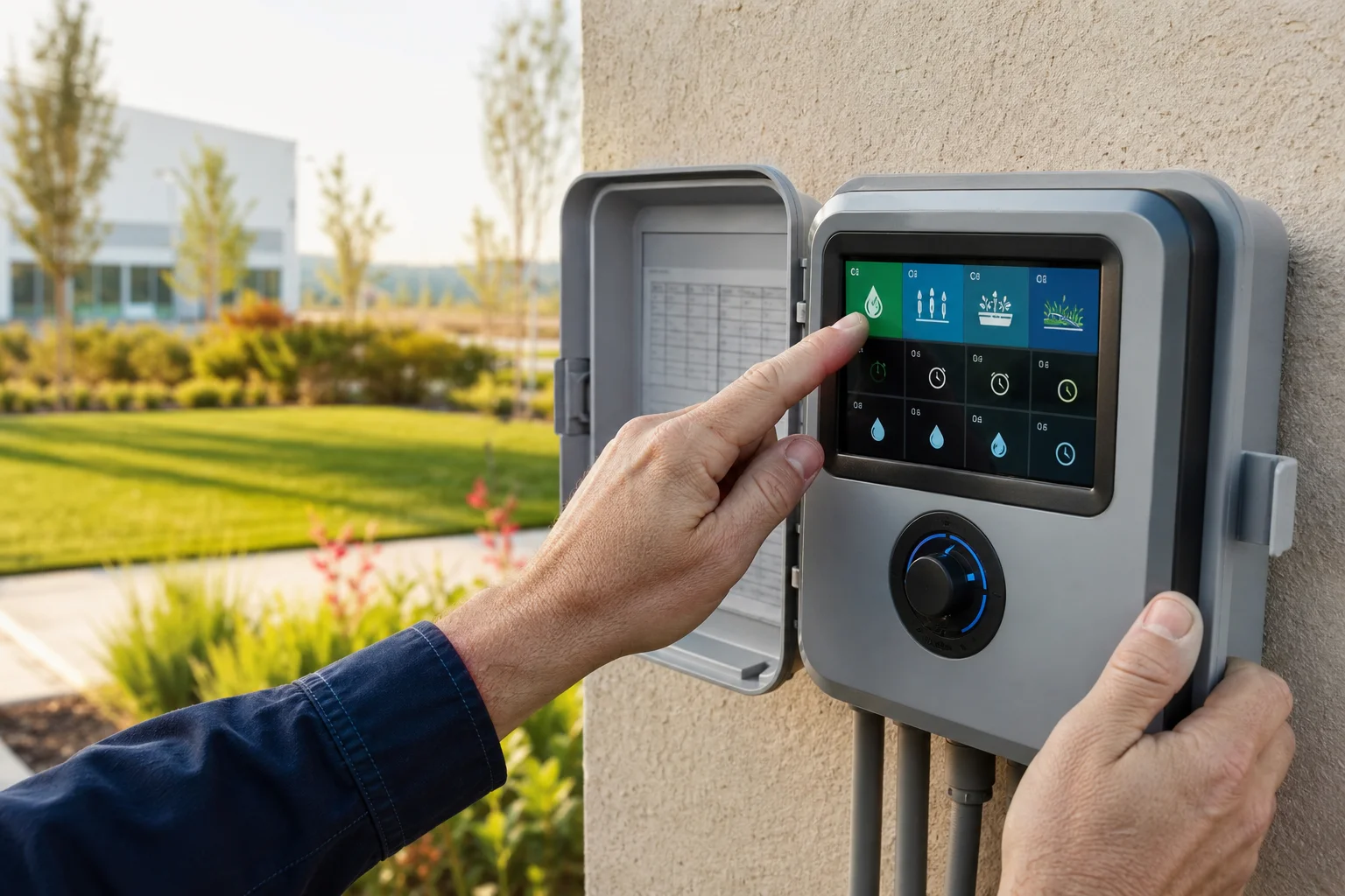 Technician programming a smart irrigation controller at a commercial property in Arizona