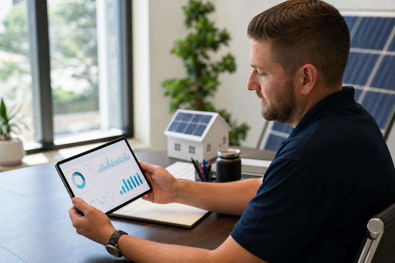 Solar sales rep reviewing lead data on a tablet inside a bright office