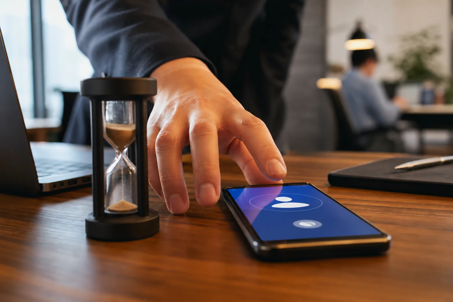 A service business owner making an urgent follow-up call on a smartphone at their business workspace, conveying professionalism and immediacy, warm natural lighting, no text overlays