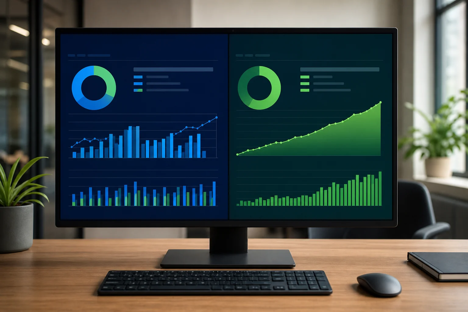 Split-screen digital marketing dashboard comparing Google Ads paid search metrics and SEO organic traffic growth trends over time