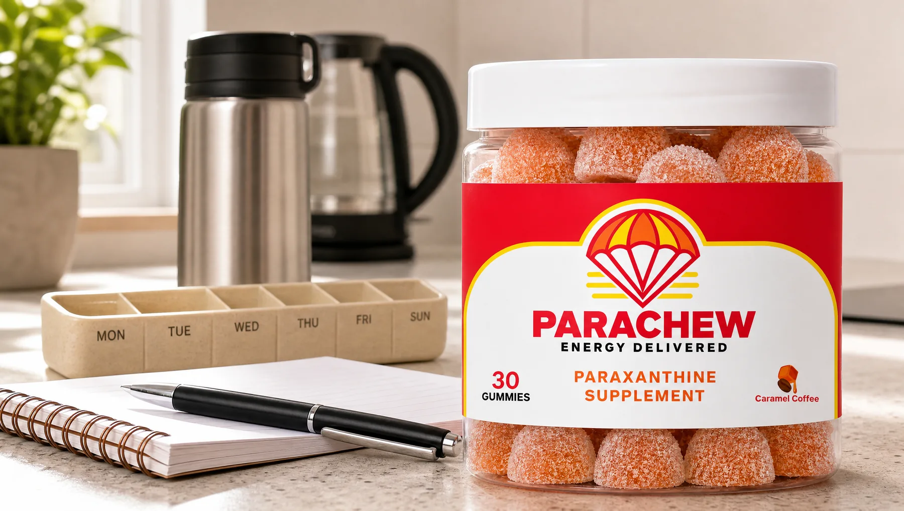 Parachew Caramel Coffee paraxanthine gummies jar in the foreground of a morning kitchen counter staged for a daily routine