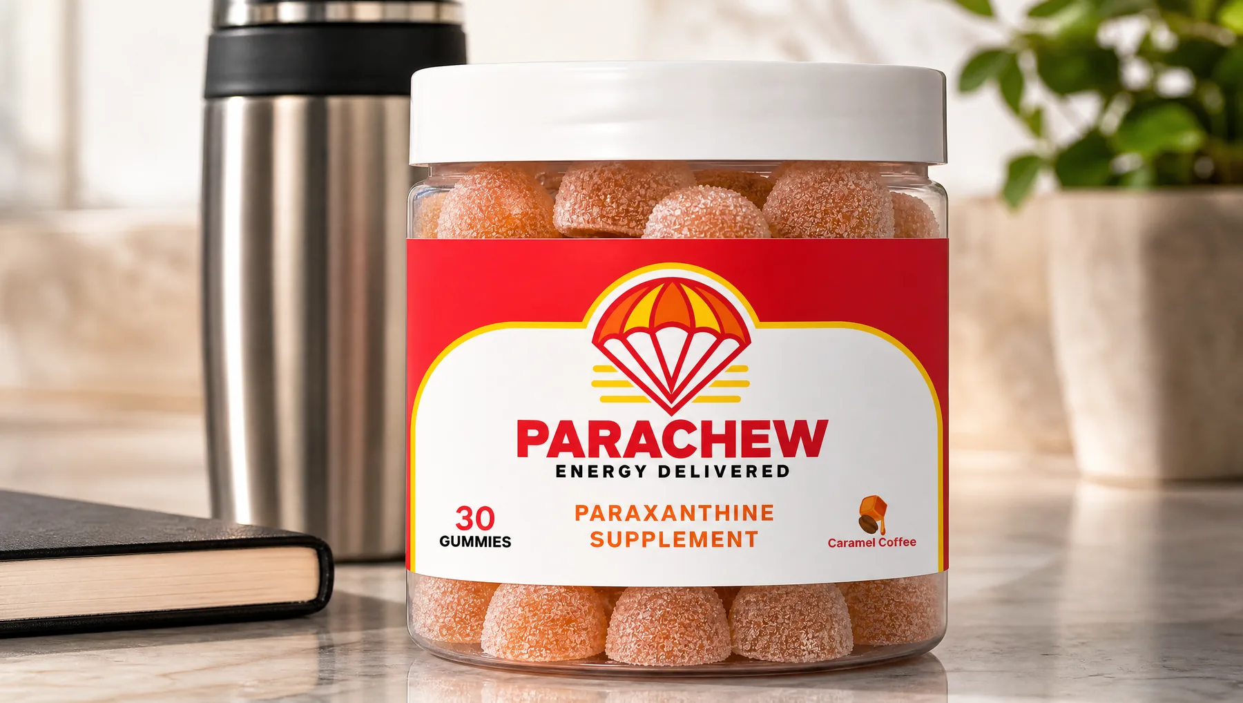 Close view of a Parachew Caramel Coffee paraxanthine gummies jar, a close overhead three-quarter view of the counter corner