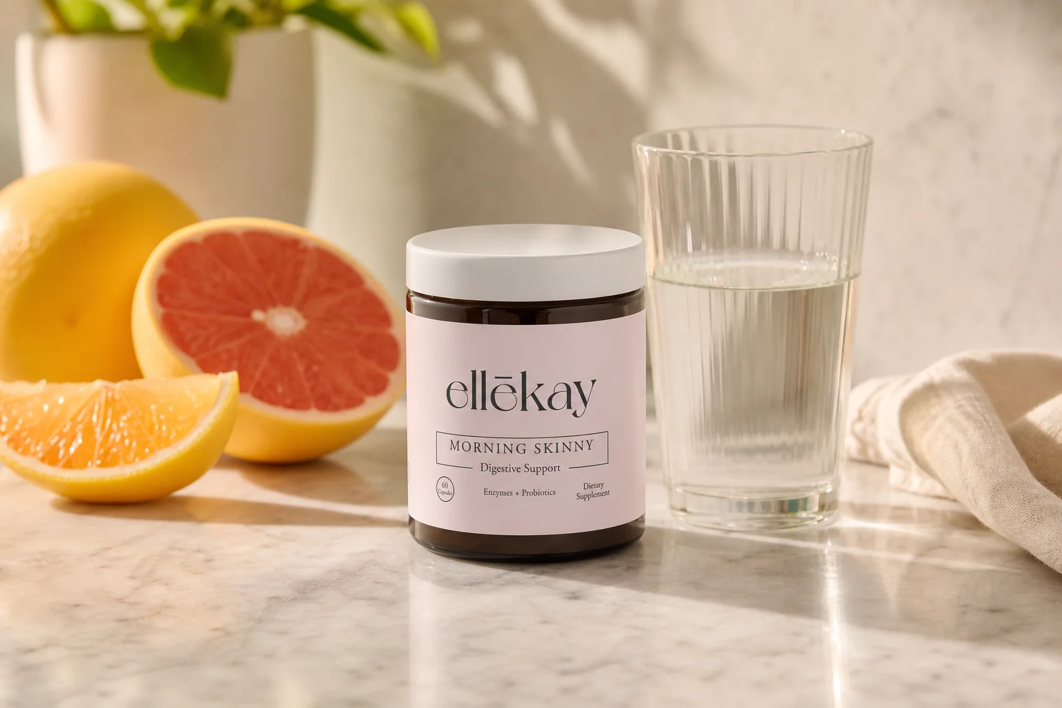 Ellekay Morning Skinny supplement on a sunny kitchen counter supporting summer gut health