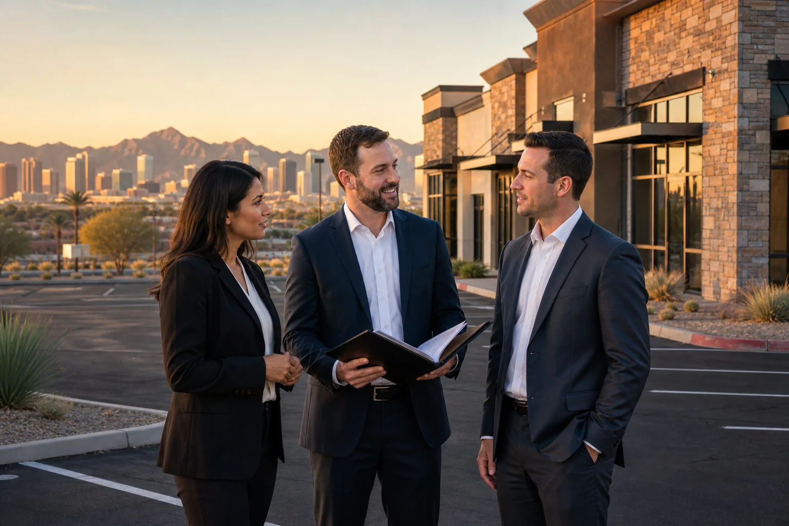 Investors and a broker discussing syndication vs joint venture structure outside a Phoenix commercial retail center