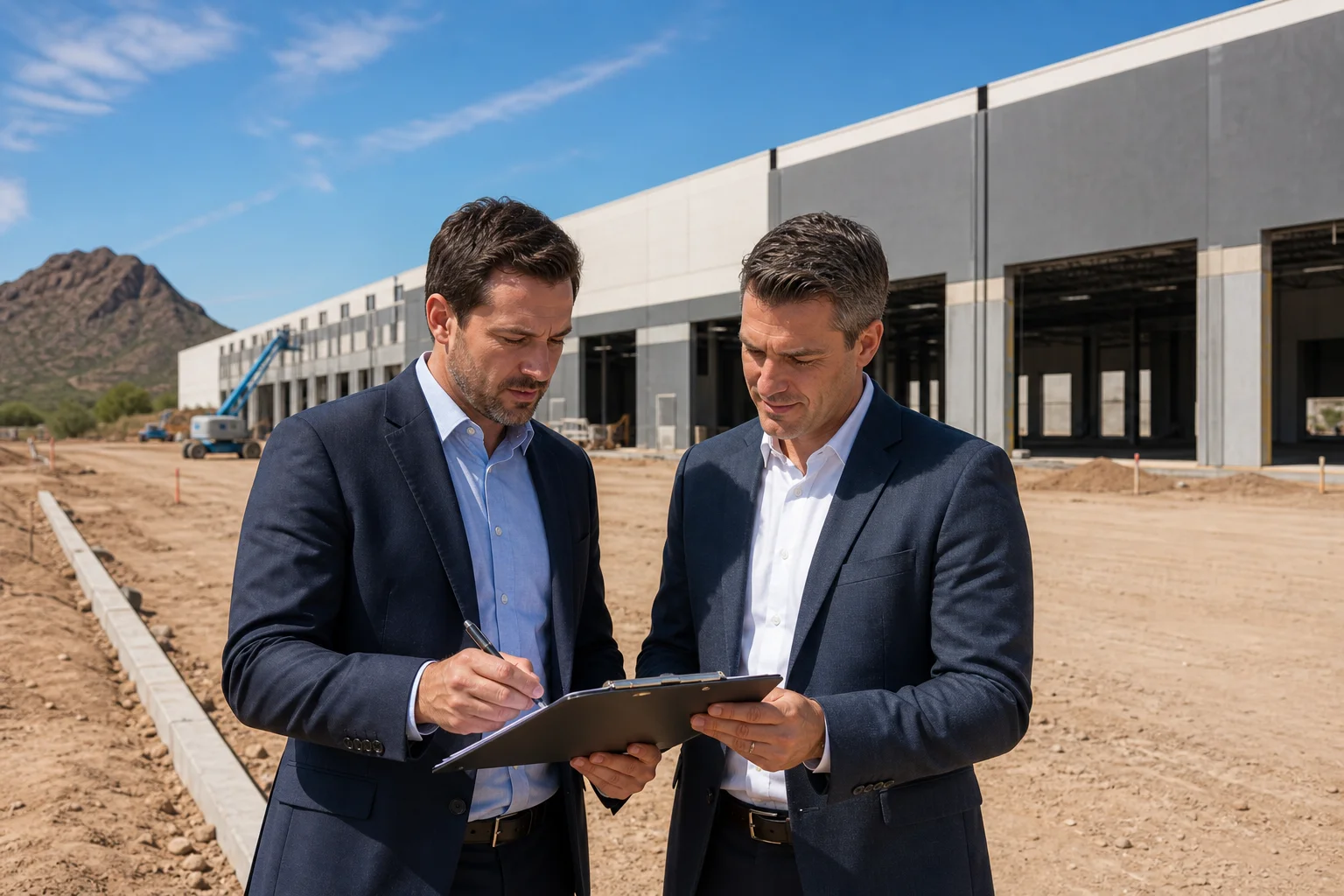 Two Phoenix commercial real estate partners reviewing a joint venture agreement and site plan together